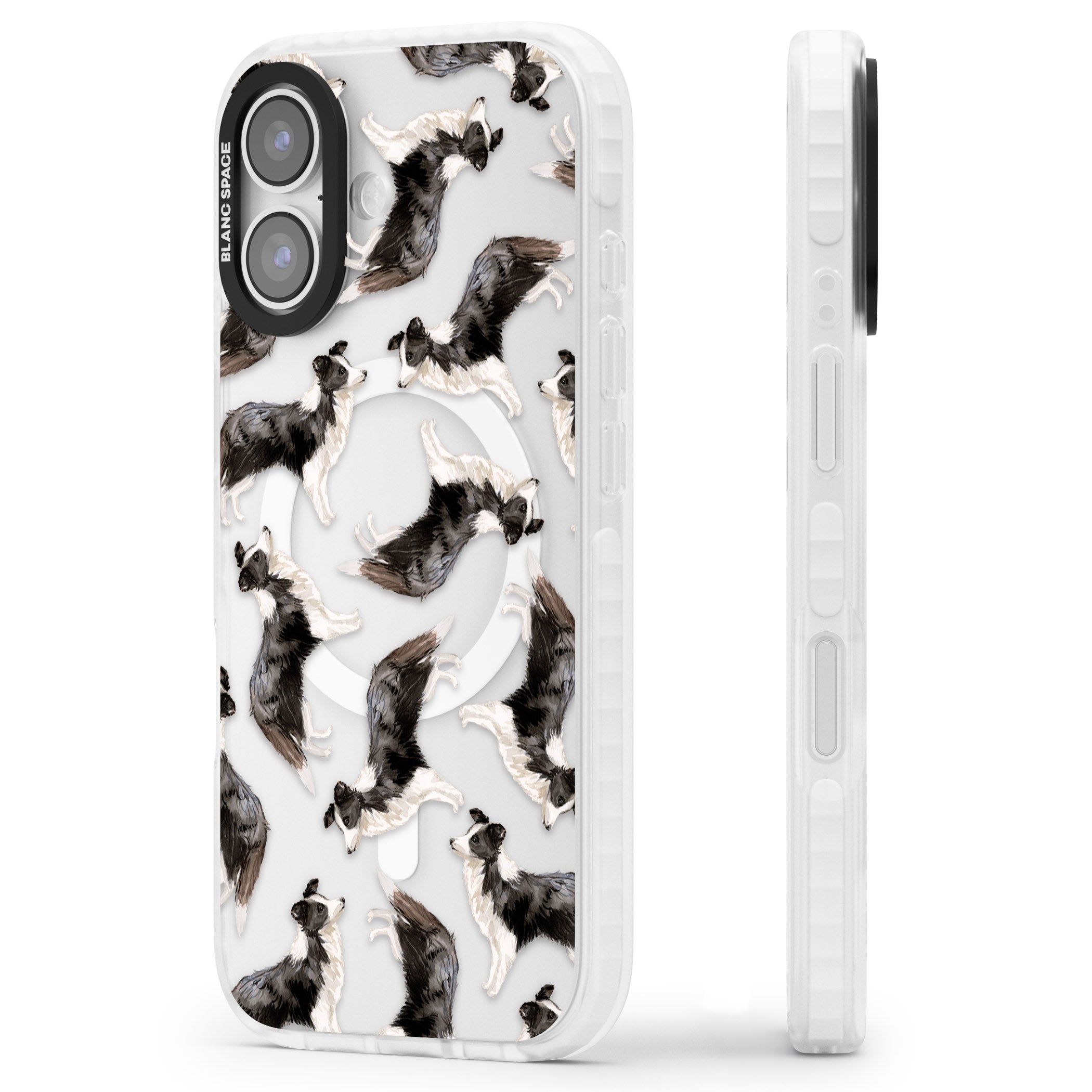 Border Collie Pattern Watercolour iPhone 17 Impact Pro Clear Phone Case Side Profile