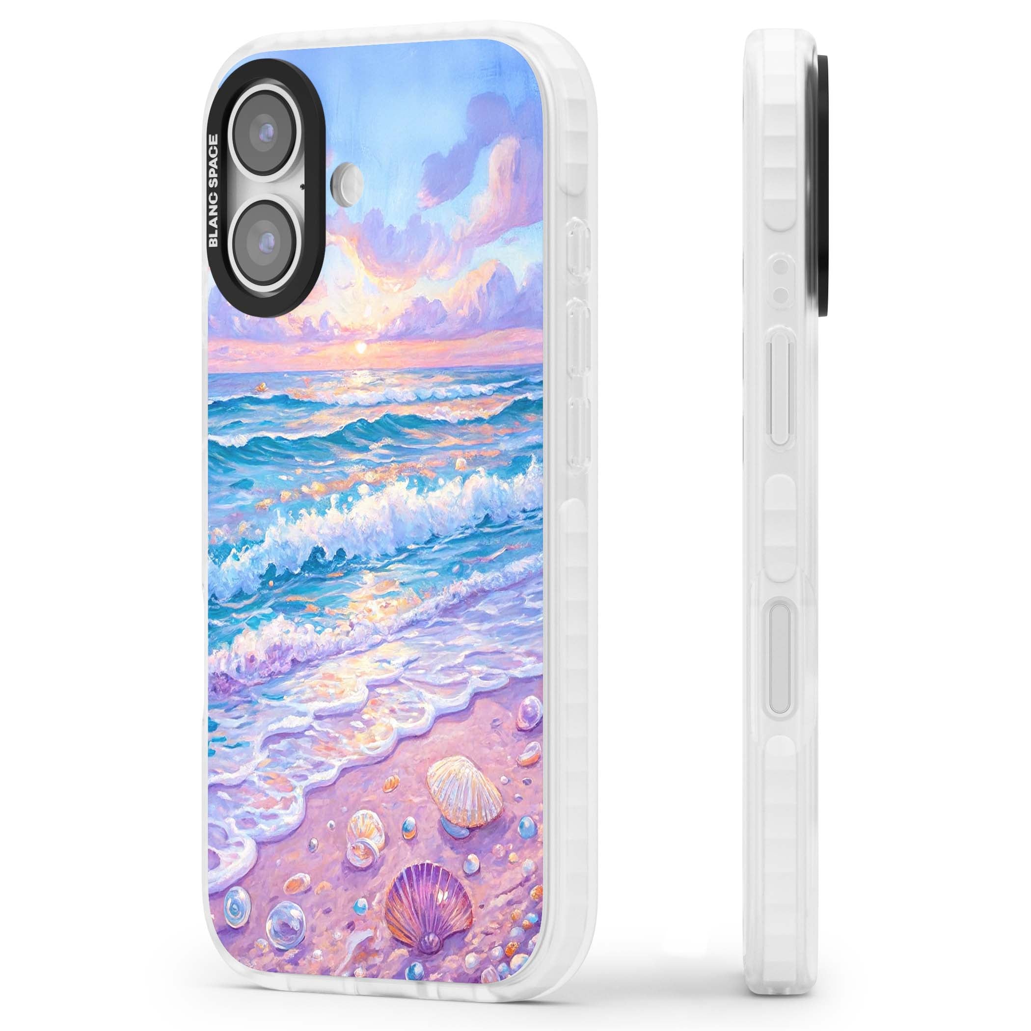 Pearl Shore coastal iPhone case featuring pastel painted waves, seashells, and a sunrise sky over a lavender beach. | Impact Magsafe case for iPhone 17
