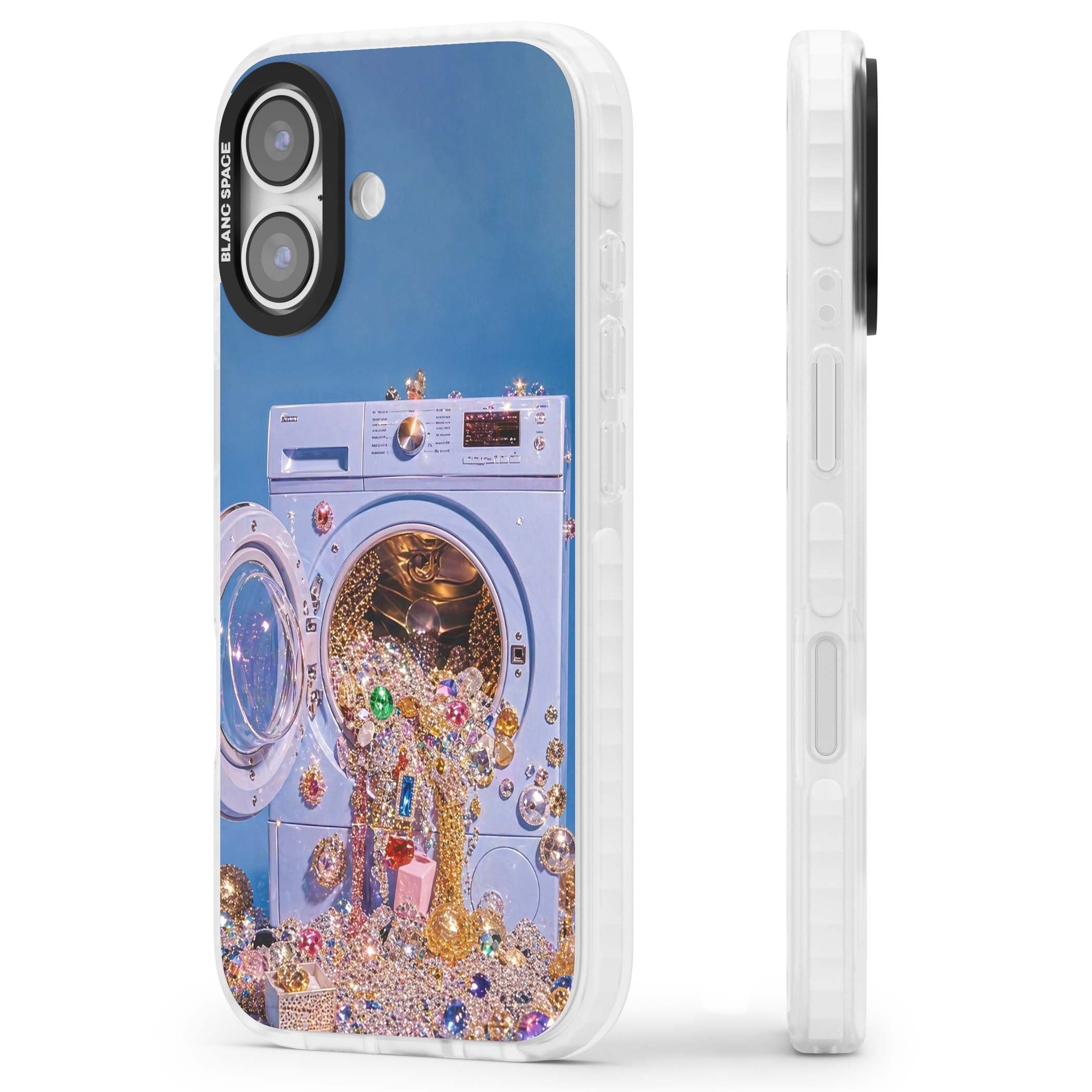 Gem Laundry baddie iPhone case featuring a surreal washing machine overflowing with colourful gemstones and crystals | Impact Magsafe case for iPhone 17