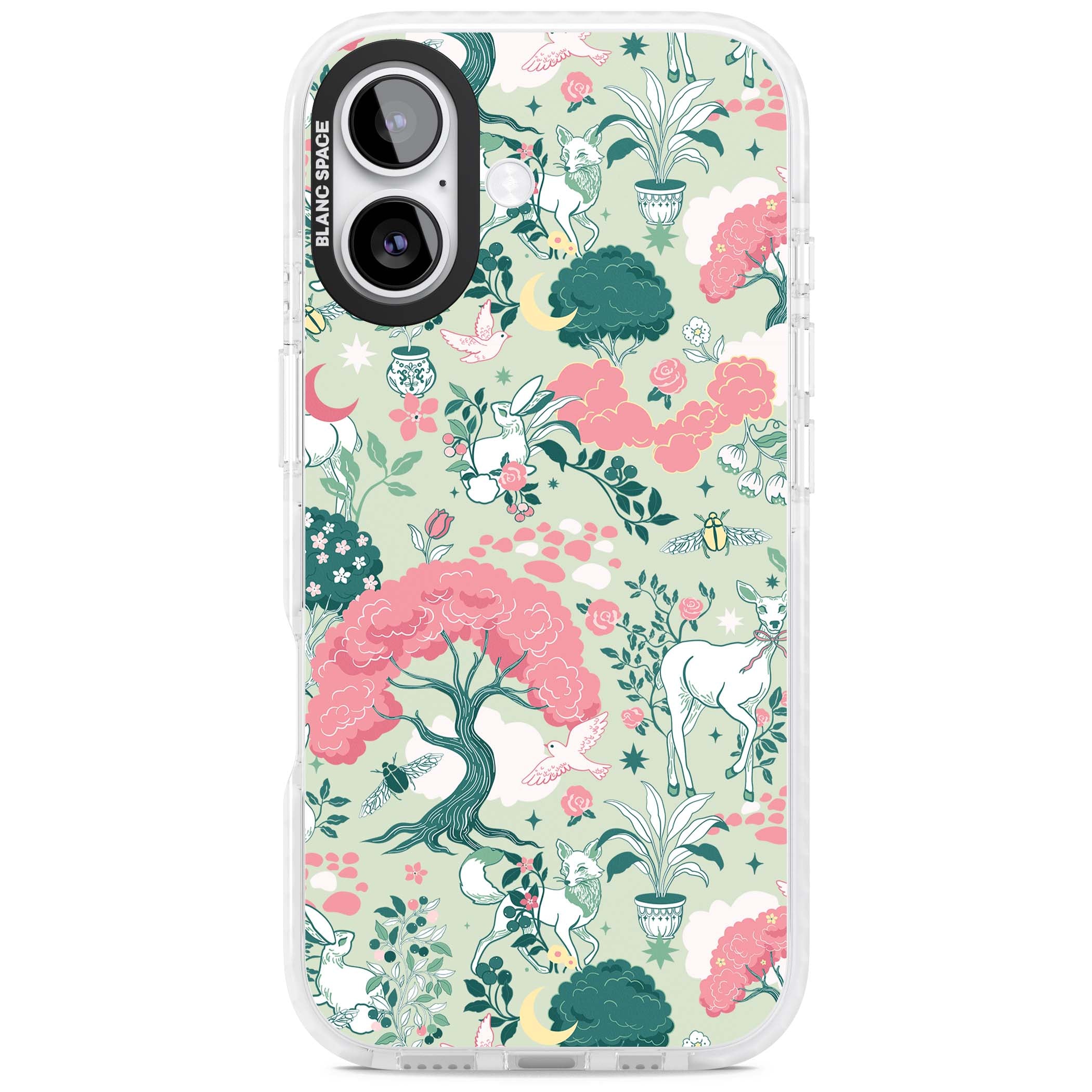 Enchanted Woodland cottagecore iPhone case featuring white deer, pink roses, mushrooms and woodland animals on sage green | Impact Magsafe case for iPhone 17