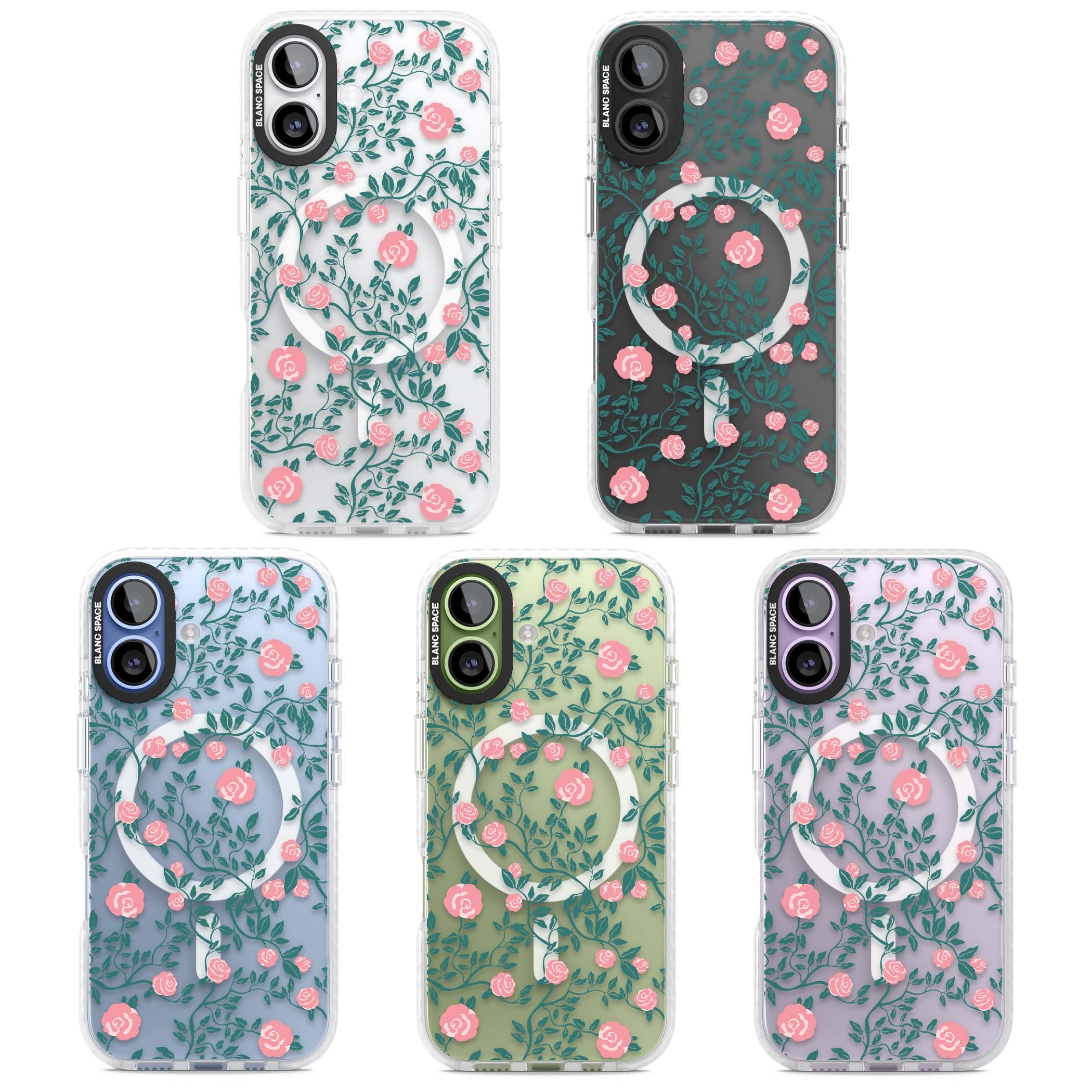 Rose Trellis (Clear) cottagecore iPhone case featuring pink climbing roses and green leaves on clear background | Impact Magsafe case for iPhone 17