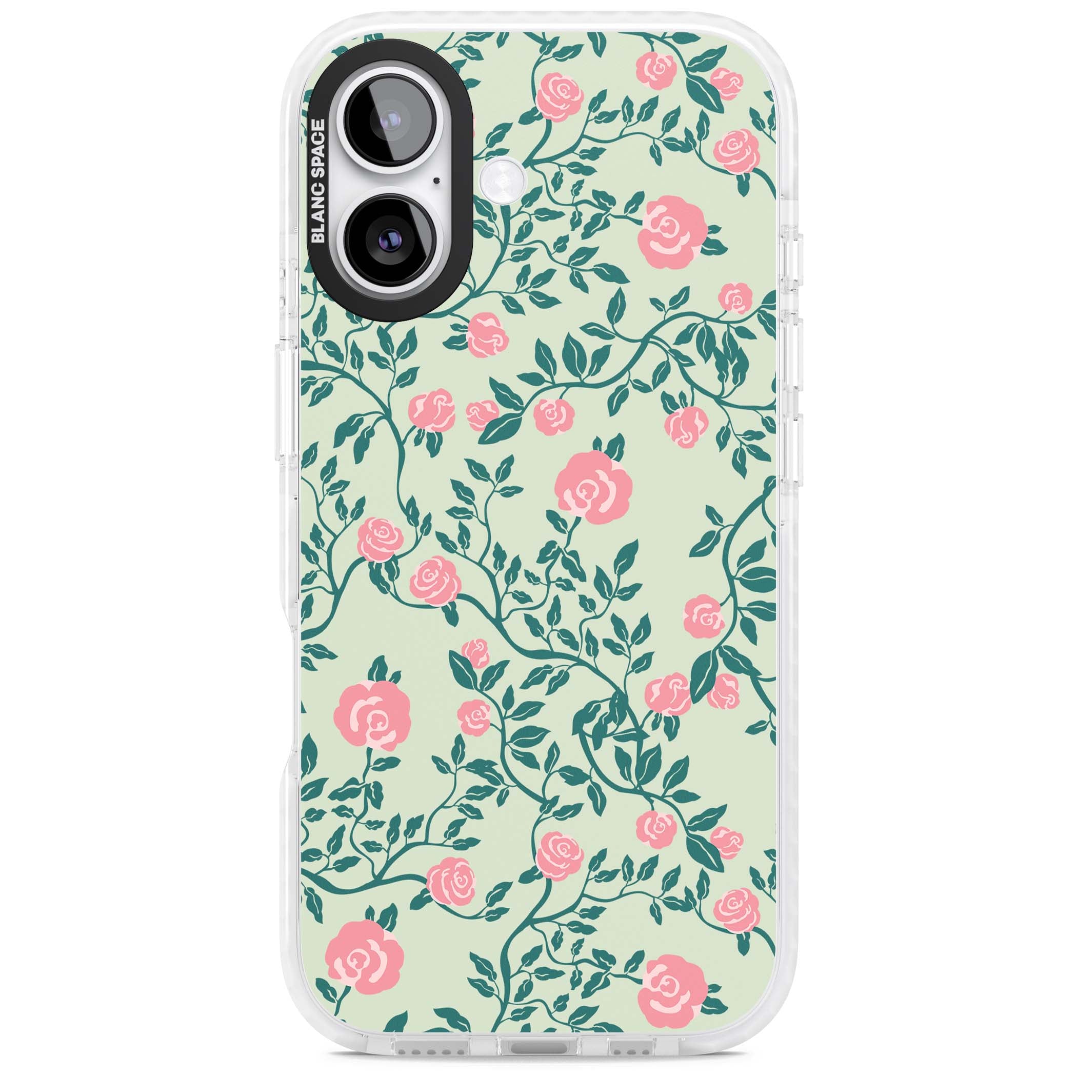 Rose Trellis cottagecore iPhone case featuring pink roses, sage green vines, and mint background | Impact Magsafe case for iPhone 17