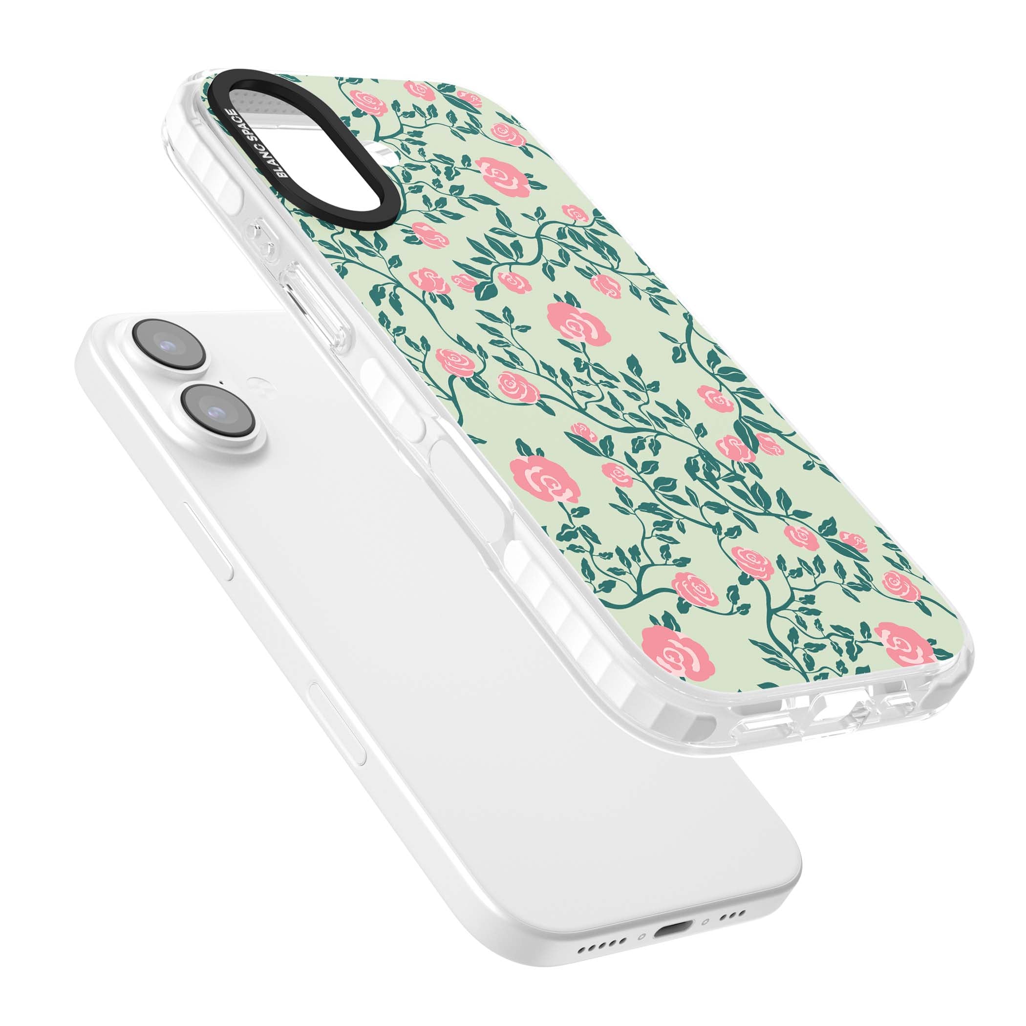Rose Trellis cottagecore iPhone case featuring pink roses, sage green vines, and mint background | Impact Magsafe case for iPhone 17