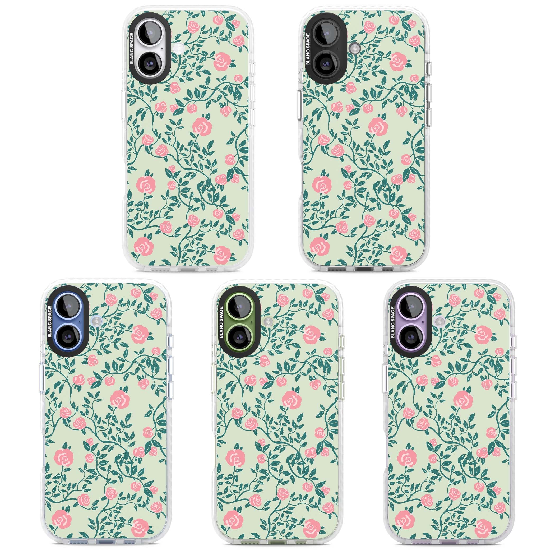 Rose Trellis cottagecore iPhone case featuring pink roses, sage green vines, and mint background | Impact Magsafe case for iPhone 17