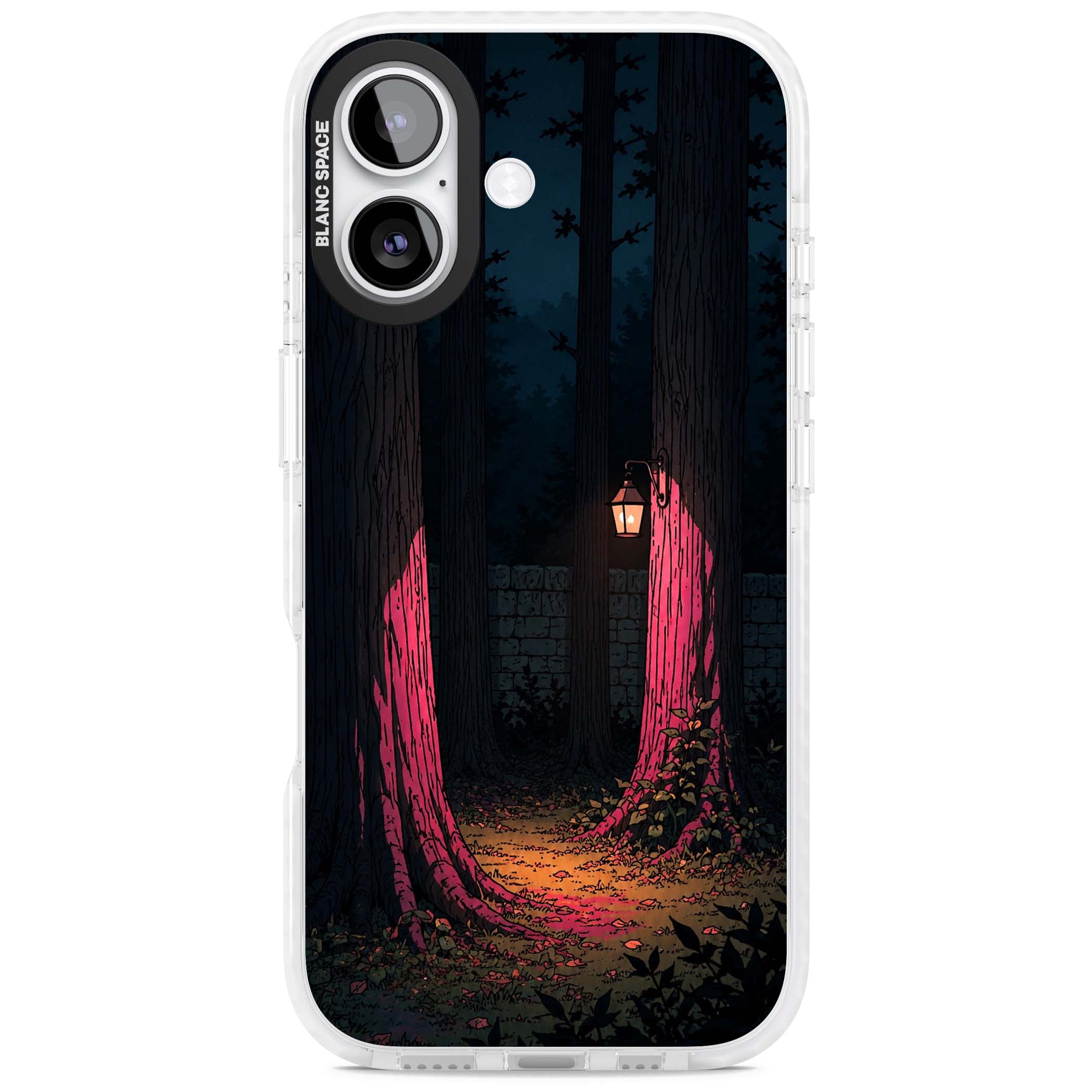 Forest Lantern dark academia iPhone case featuring a moonlit forest, glowing lantern, and stone wall pathway | Impact Magsafe case for iPhone 17