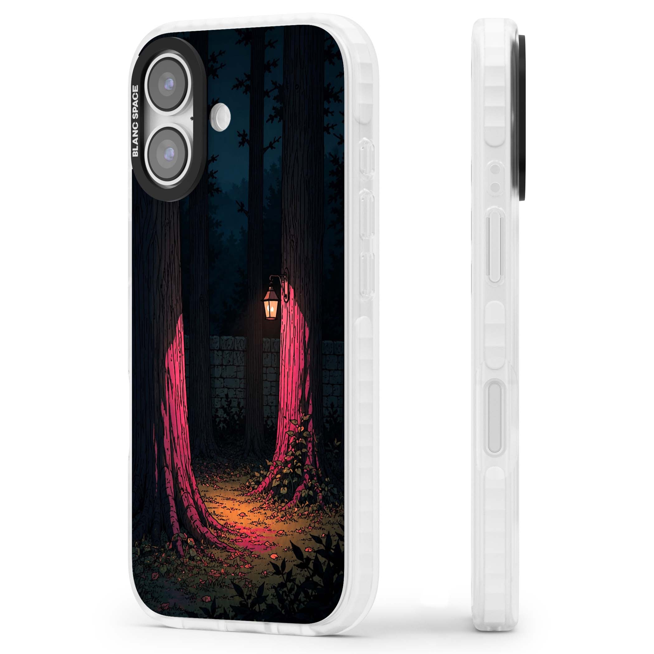 Forest Lantern dark academia iPhone case featuring a moonlit forest, glowing lantern, and stone wall pathway | Impact Magsafe case for iPhone 17