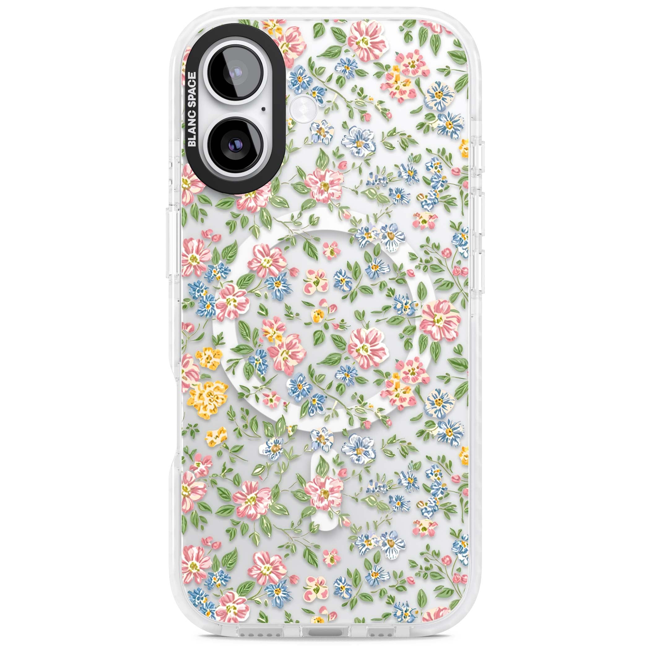 Soft Meadow cottagecore iPhone case featuring pink cosmos, blue forget-me-nots, yellow buttercups and green leaves sca | Impact Magsafe case for iPhone 17