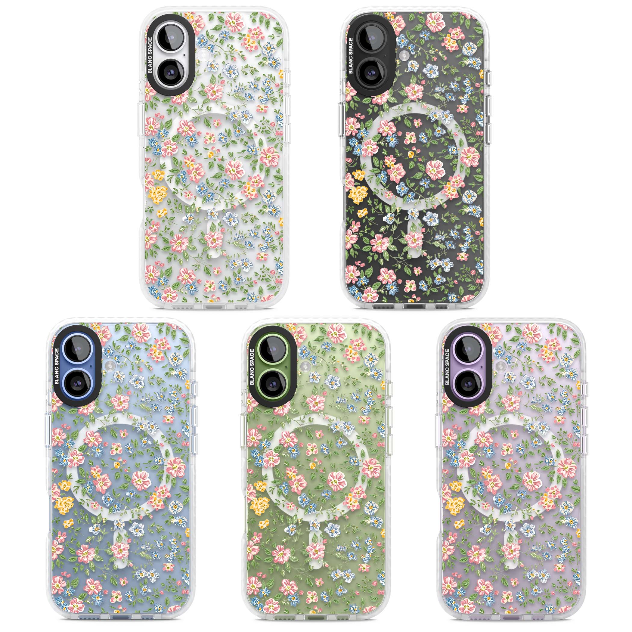Soft Meadow cottagecore iPhone case featuring pink cosmos, blue forget-me-nots, yellow buttercups and green leaves sca | Impact Magsafe case for iPhone 17