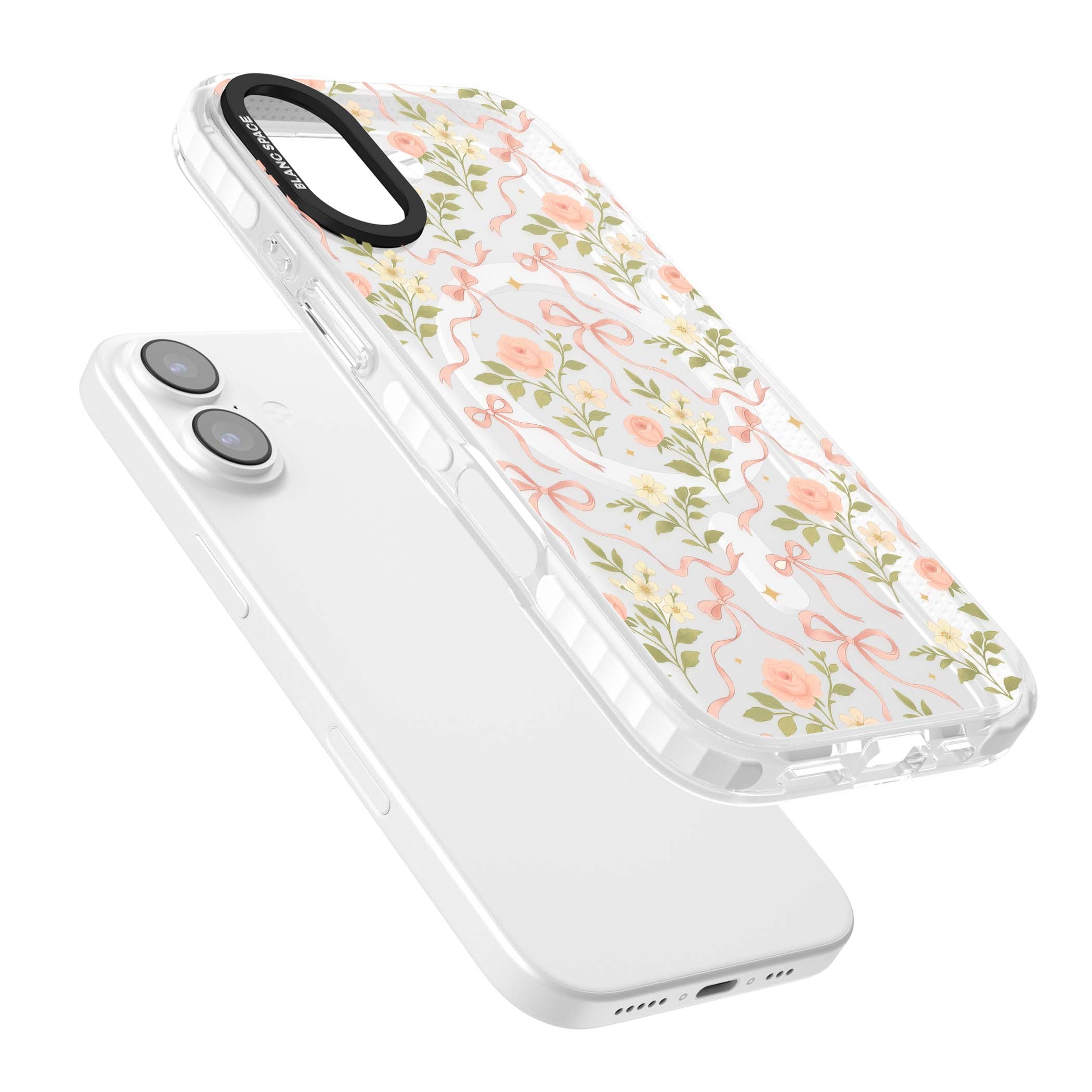 Ribbon Garden coquette iPhone case featuring pink bows, peach roses and wildflowers on white background | Impact Magsafe case for iPhone 17