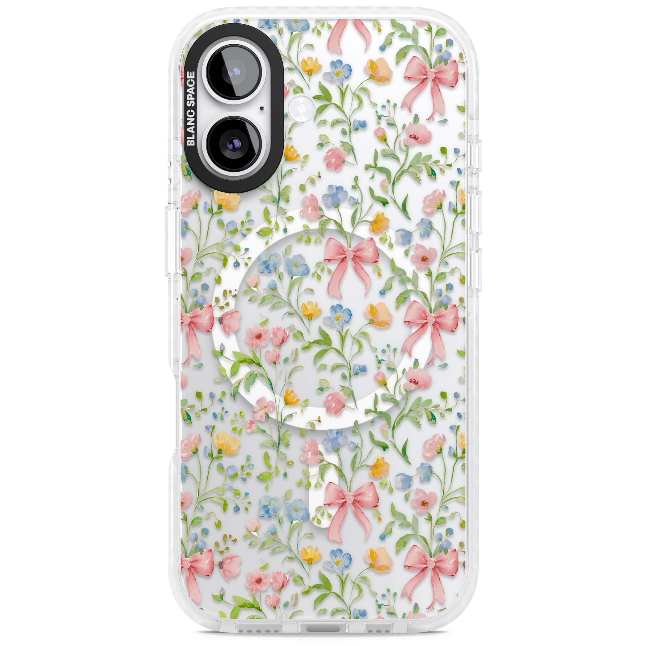 Ribbons & Wildflowers cottagecore iPhone case featuring watercolor wildflowers, pink satin bows, and delicate spring blooms o | Impact Magsafe case for iPhone 17