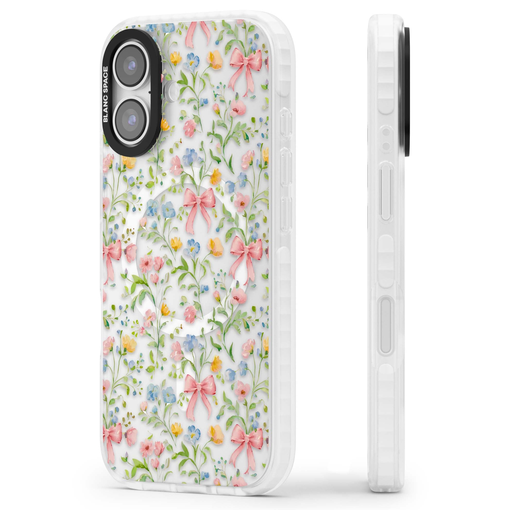 Ribbons & Wildflowers cottagecore iPhone case featuring watercolor wildflowers, pink satin bows, and delicate spring blooms o | Impact Magsafe case for iPhone 17