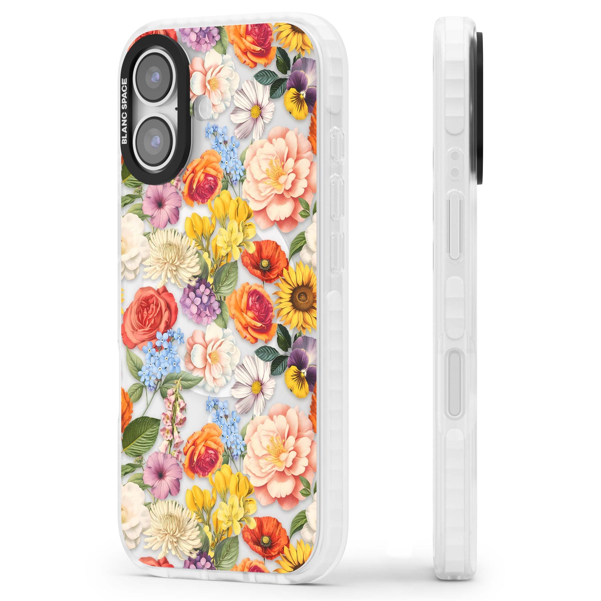 Bloom Basket floral iPhone case featuring cottage garden flowers including peonies, sunflowers, and wildflowers in pastel col | Impact Magsafe case for iPhone 17
