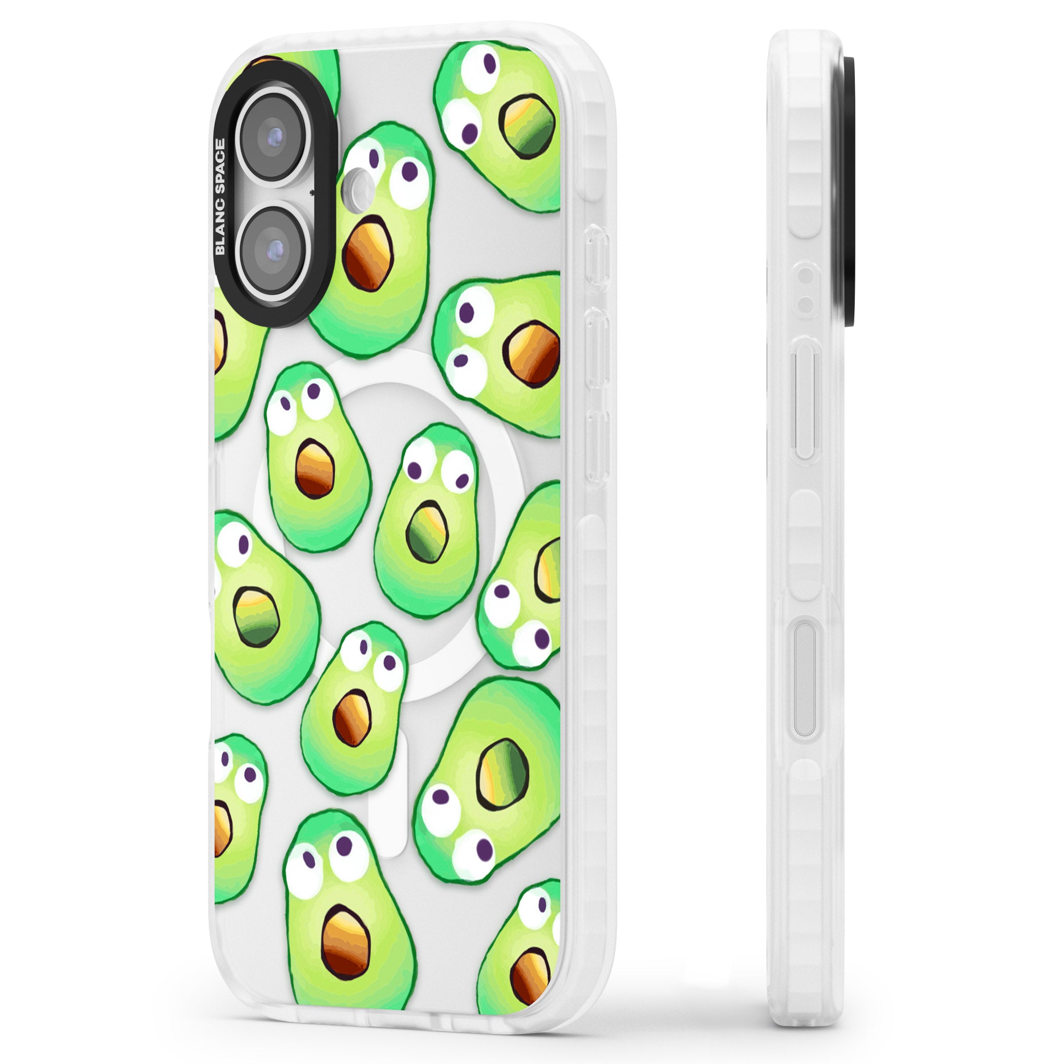 Shocked Avocados iPhone 17 Impact Pro Clear Phone Case Side Profile