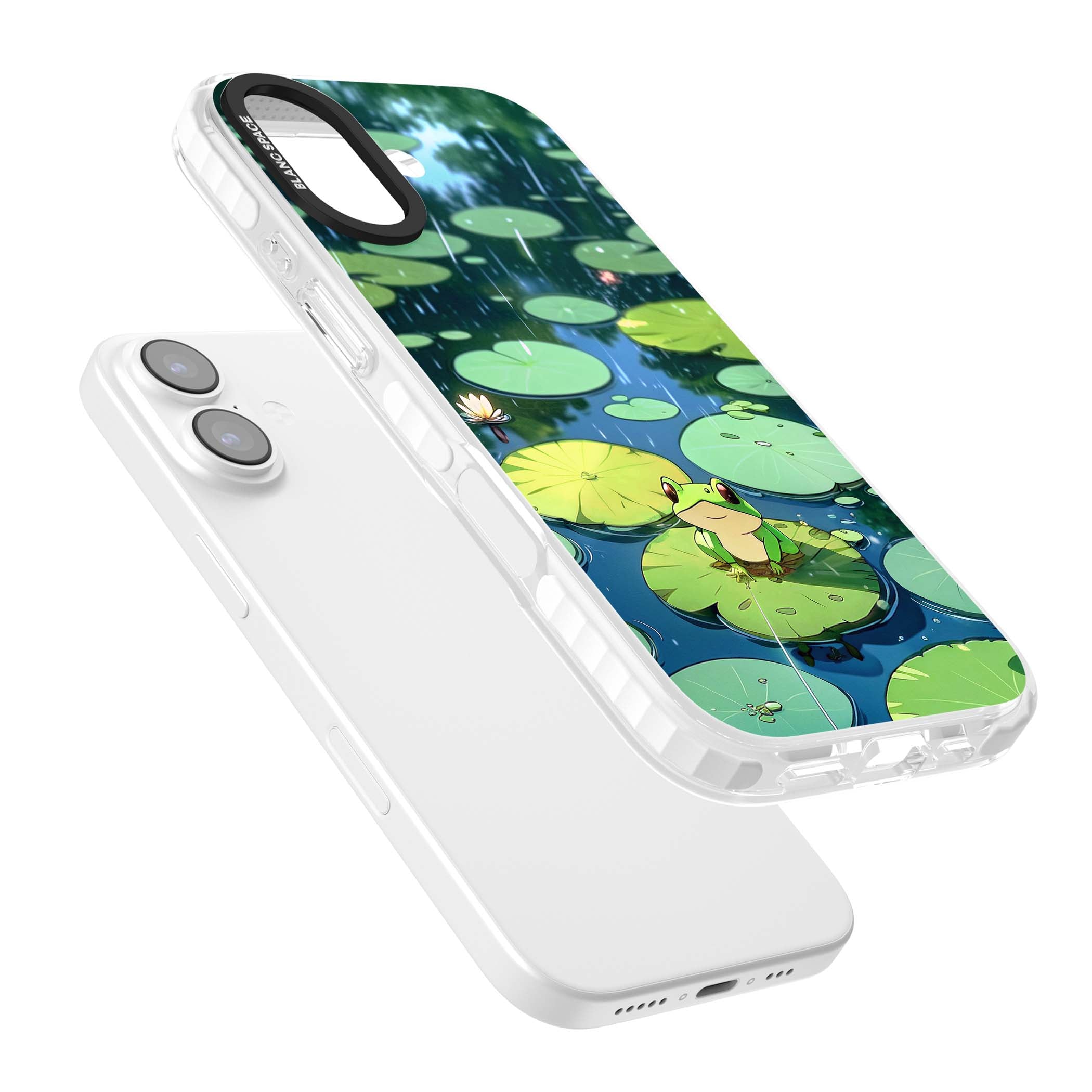 Frog In Lily Pond cottagecore iPhone case featuring a cute green frog on a lily pad with falling rain and a lotus flower | Impact Magsafe case for iPhone 17