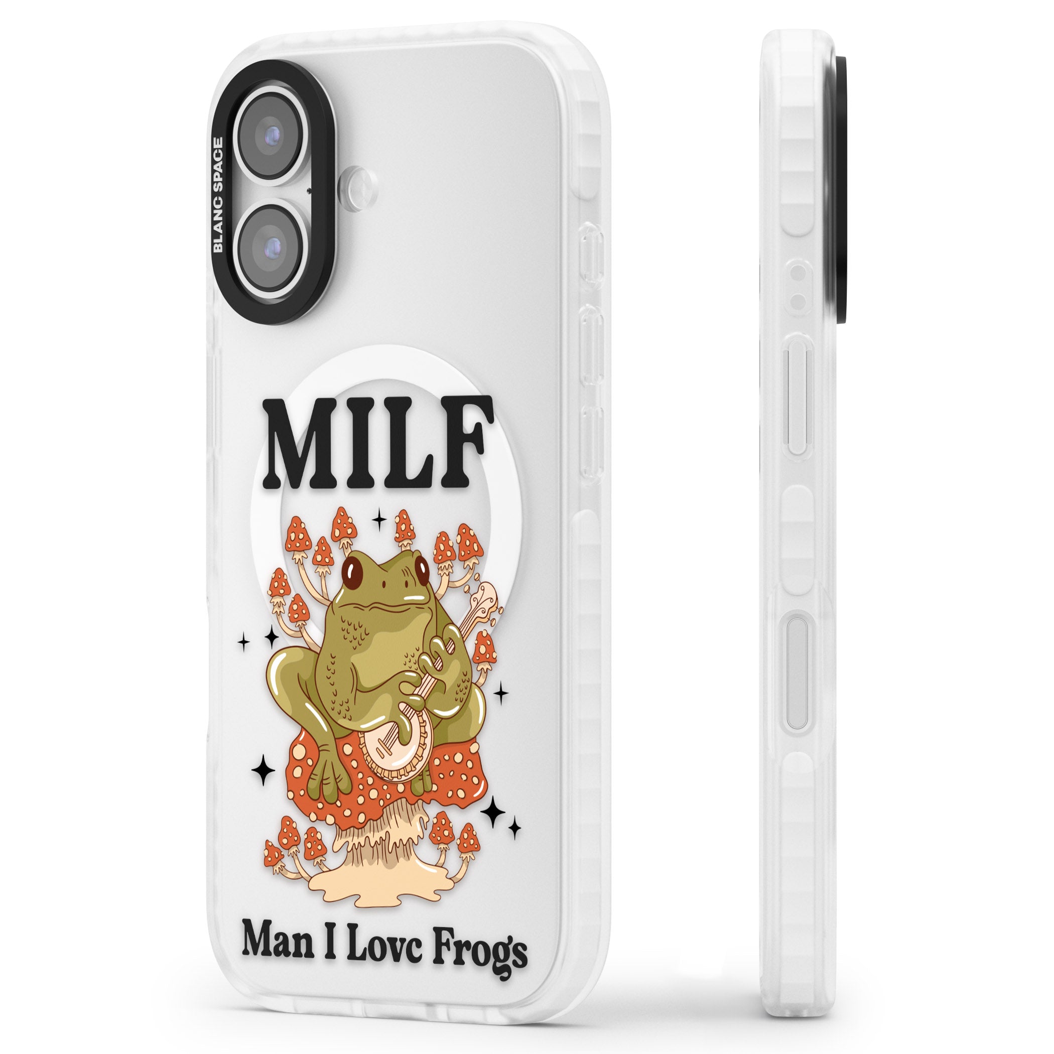 Man I Love Frogs iPhone 17 Impact Pro Clear Phone Case Side Profile