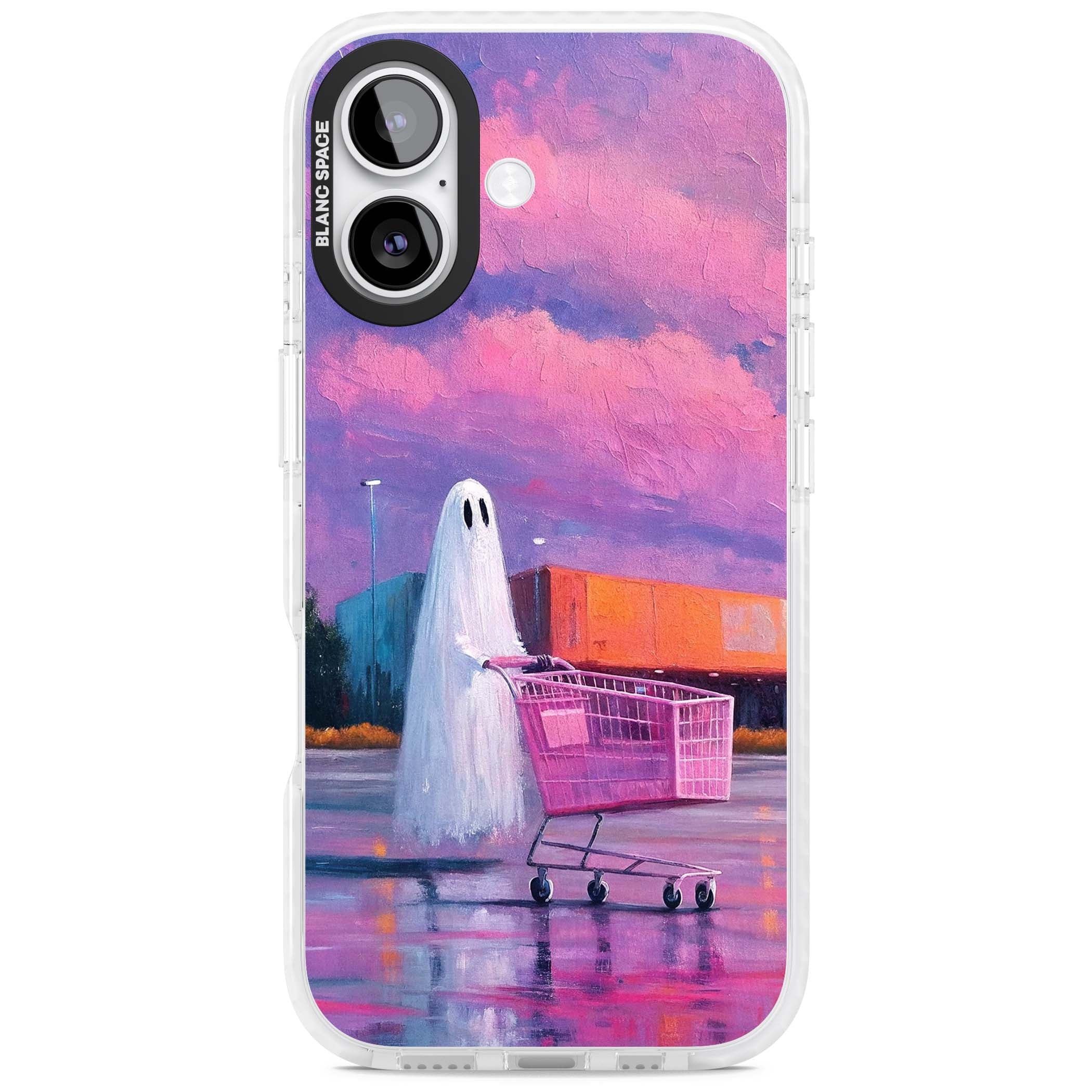 A Ghost's Errand ghost halloween iPhone case featuring a painted ghost, pink shopping trolley and purple sunset sky | Impact Magsafe case for iPhone 17
