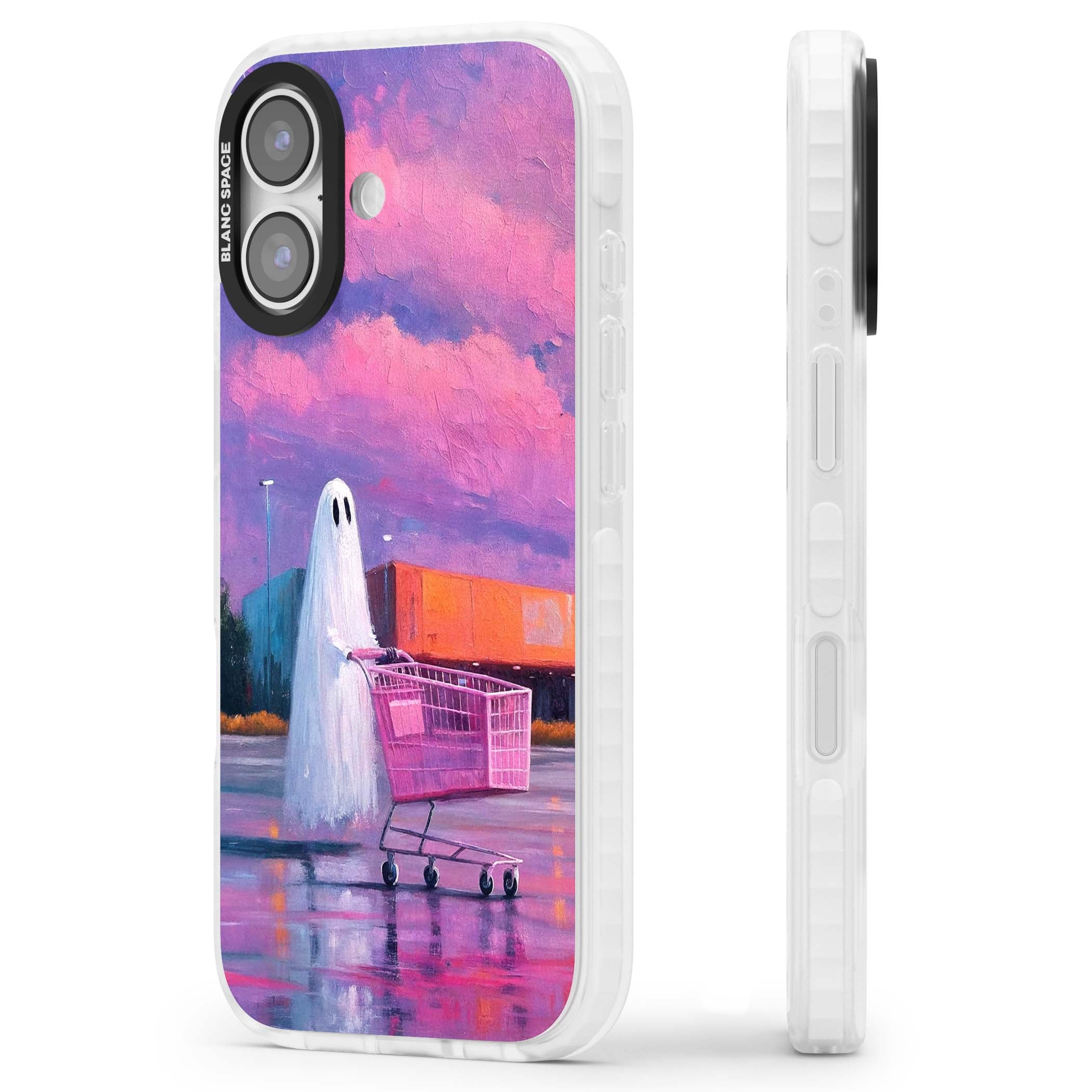A Ghost's Errand ghost halloween iPhone case featuring a painted ghost, pink shopping trolley and purple sunset sky | Impact Magsafe case for iPhone 17