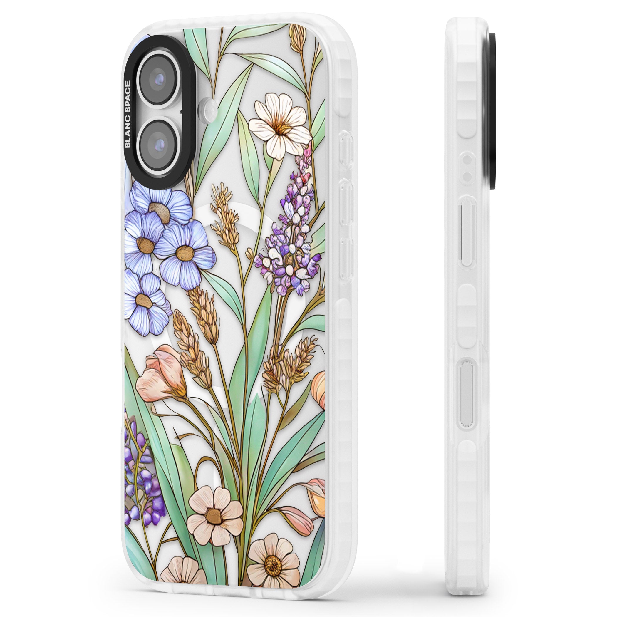 Glass Lavenders & Daisies iPhone 17 Impact Pro Clear Phone Case Side Profile