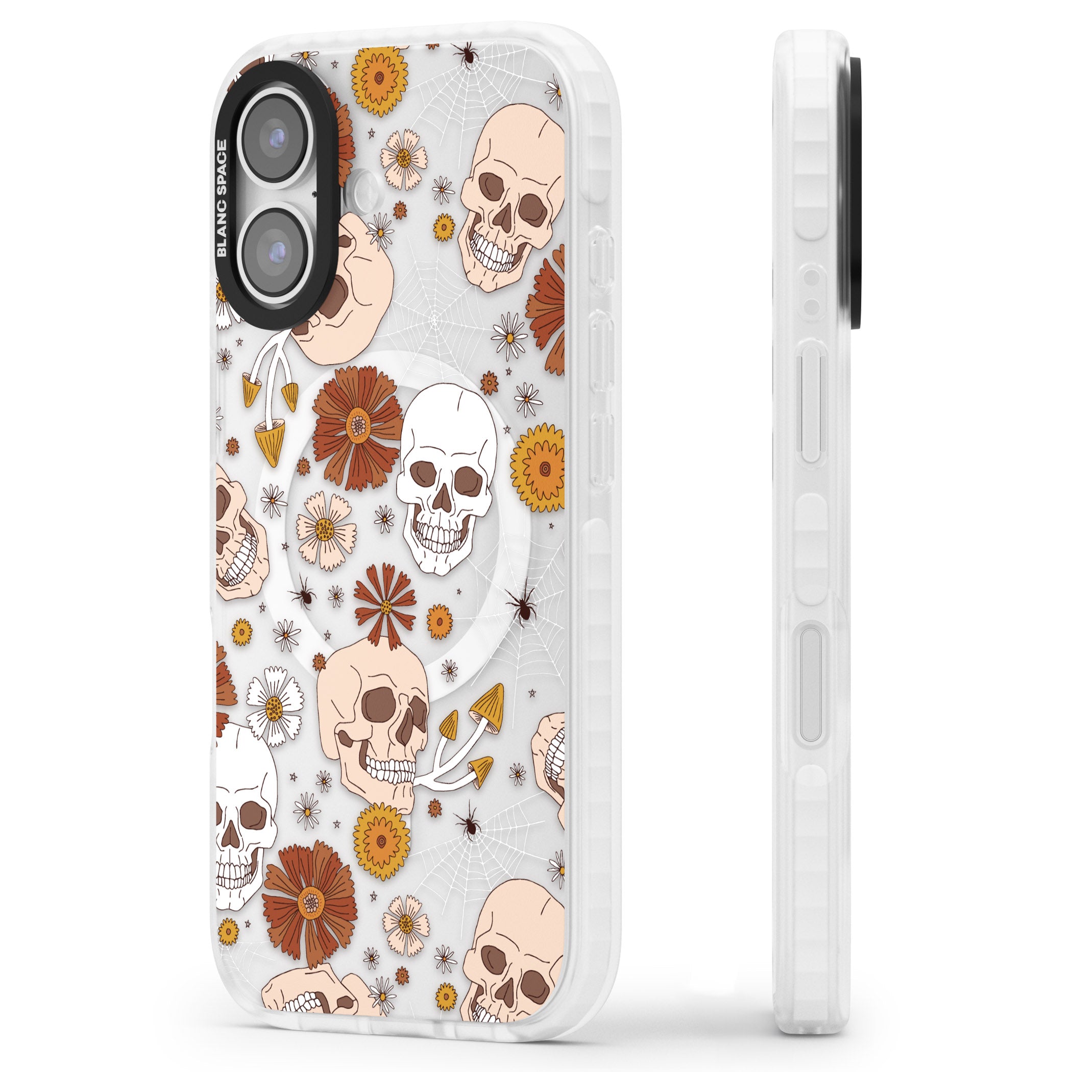 Halloween Skulls And Flowers iPhone 17 Impact Pro Clear Phone Case Side Profile