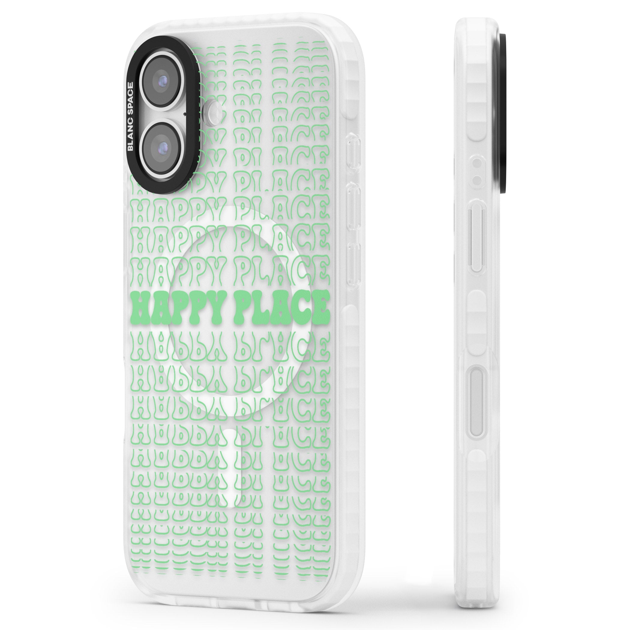Happy Place (Green) iPhone 17 Impact Pro Clear Phone Case Side Profile