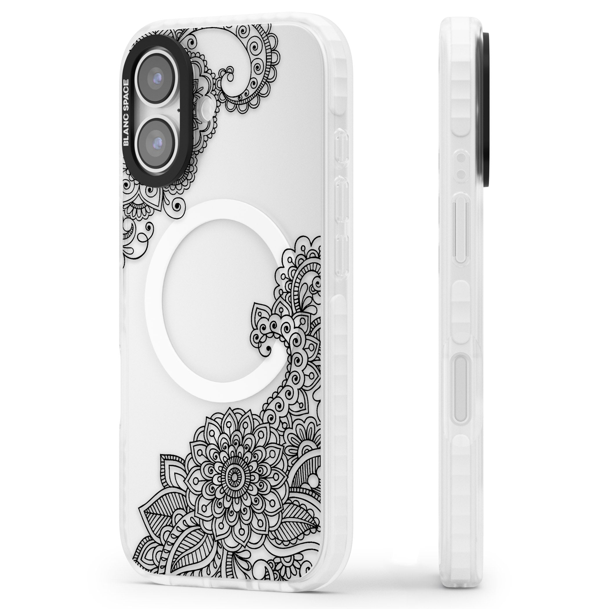 Black Henna Botanicals iPhone 17 Impact Pro Clear Phone Case Side Profile