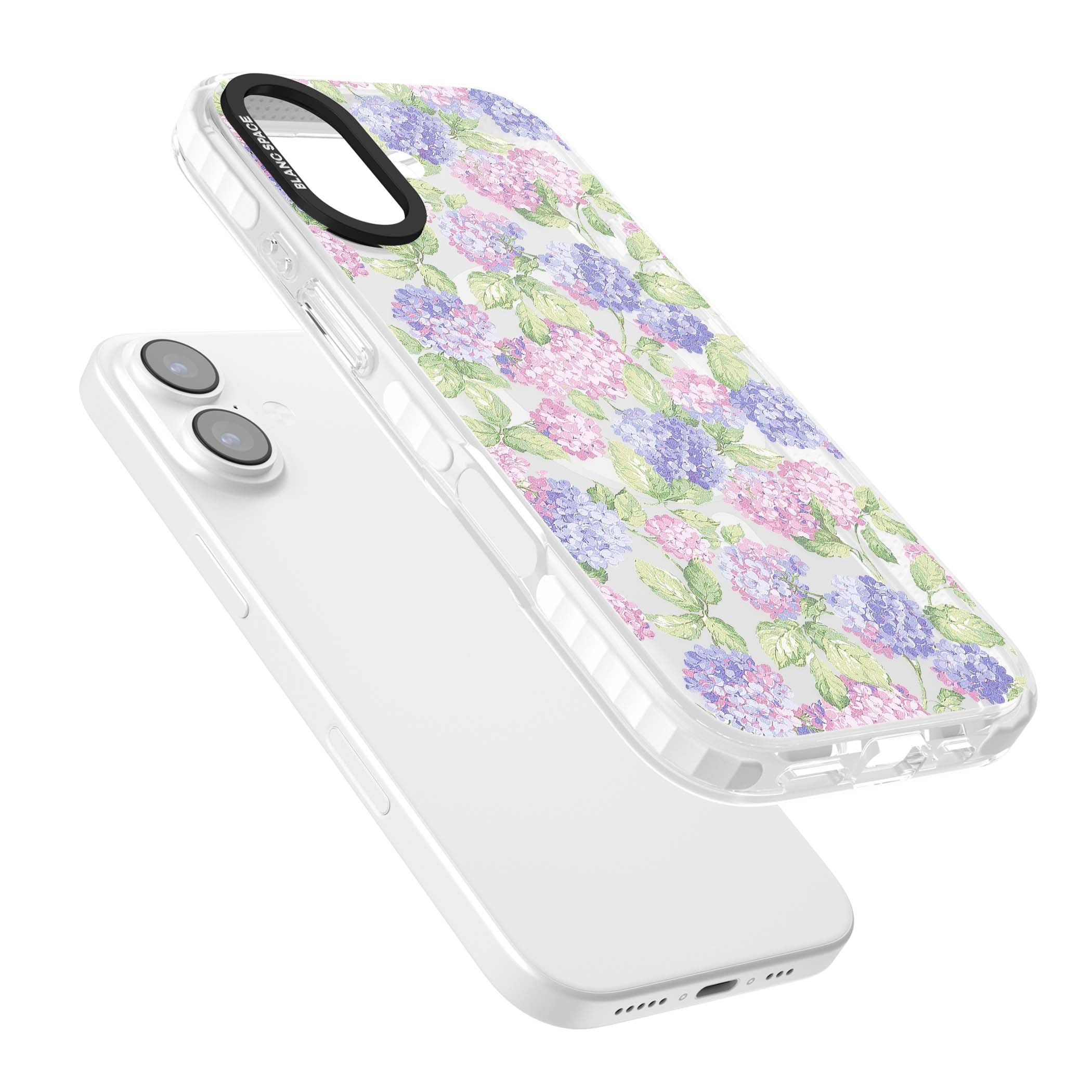 Cottage Hydrangea cottagecore iPhone case featuring pink and purple hydrangea blooms with green leaves on a clear background | Impact Magsafe case for iPhone 17