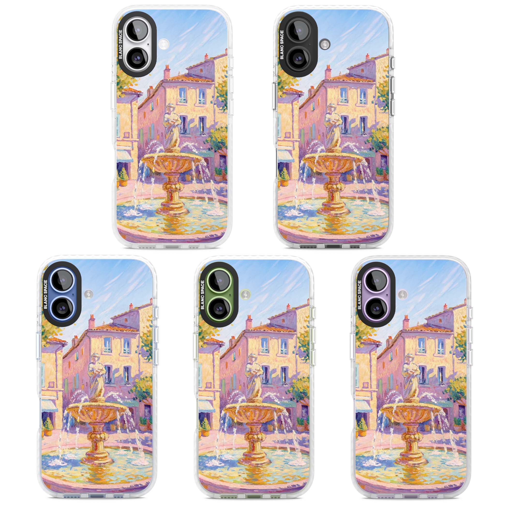 Fountain Square fine art iPhone case featuring an impressionist Provençal fountain, pastel village buildings and summe | Impact Magsafe case for iPhone 17