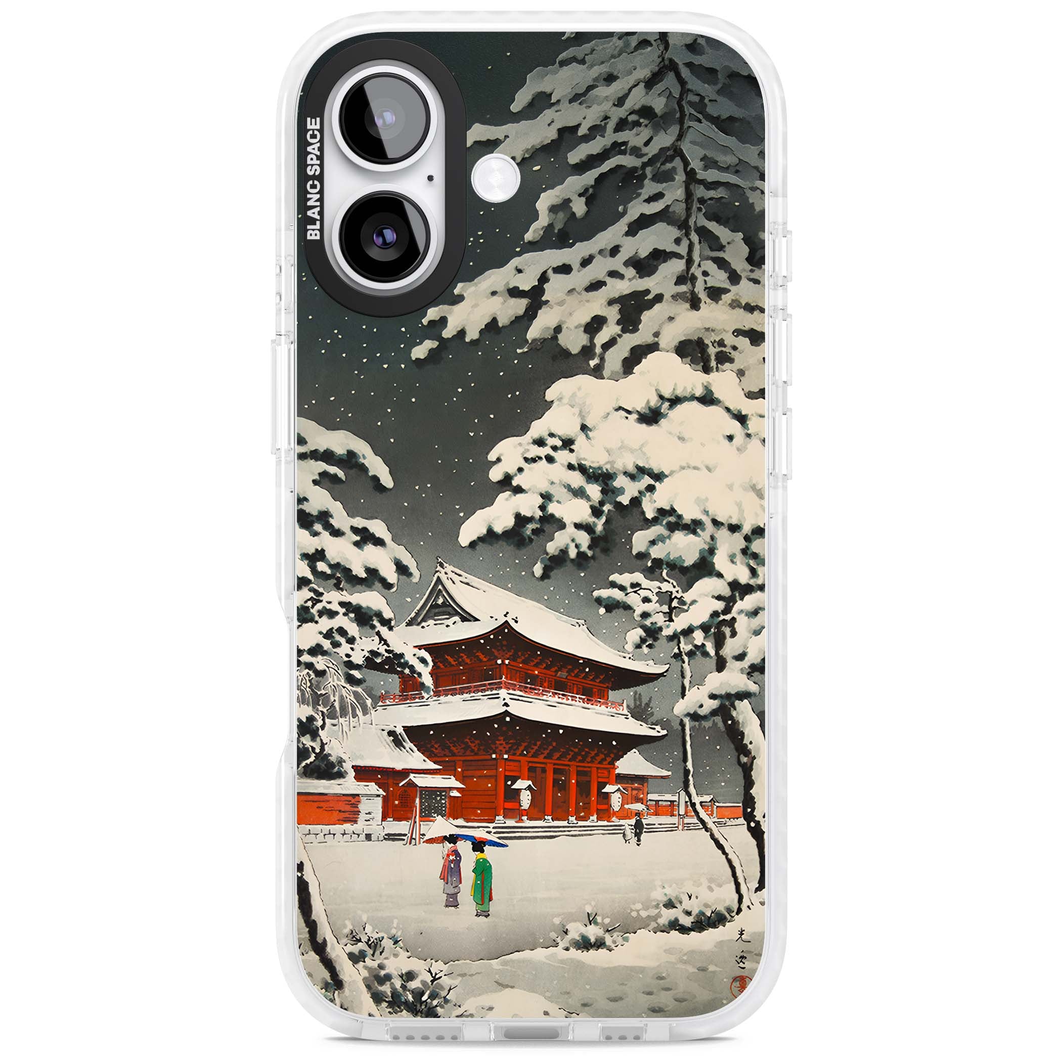 Snow at Shiha Park, Tokyo Japanese art iPhone case featuring a vintage ukiyo-e snowy temple, red pagoda, and snow-covered pin | Impact Magsafe case for iPhone 17