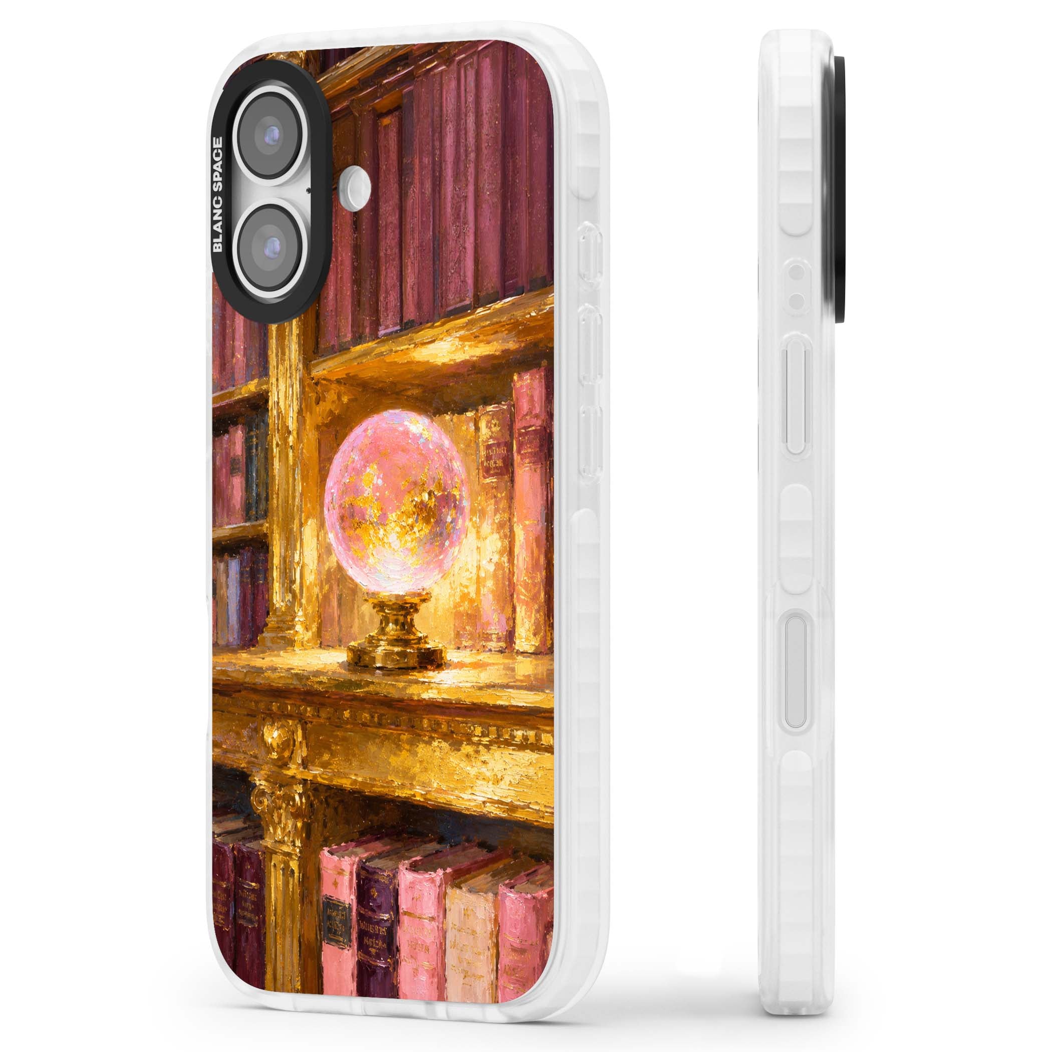 Gilded Library dark academia iPhone case featuring an oil painted crystal ball on a gilded library shelf with vintage | Impact Magsafe case for iPhone 17