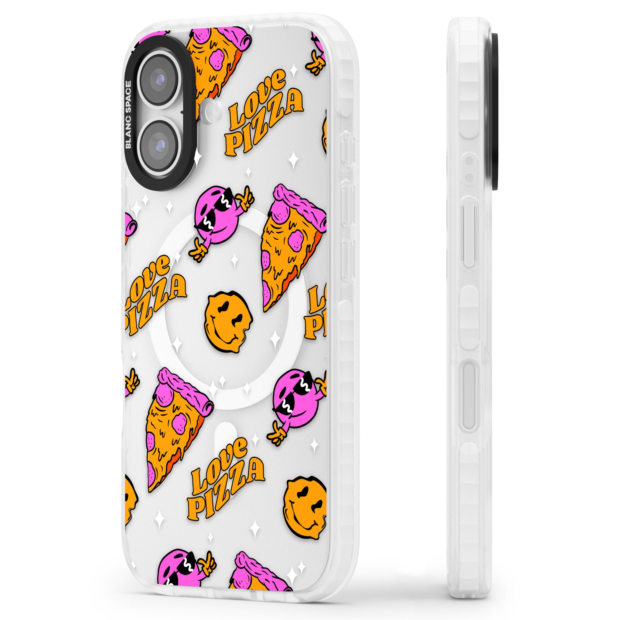 Psychedelic Love Pizza Pattern (Clear) iPhone 17 Impact Pro Clear Phone Case Side Profile