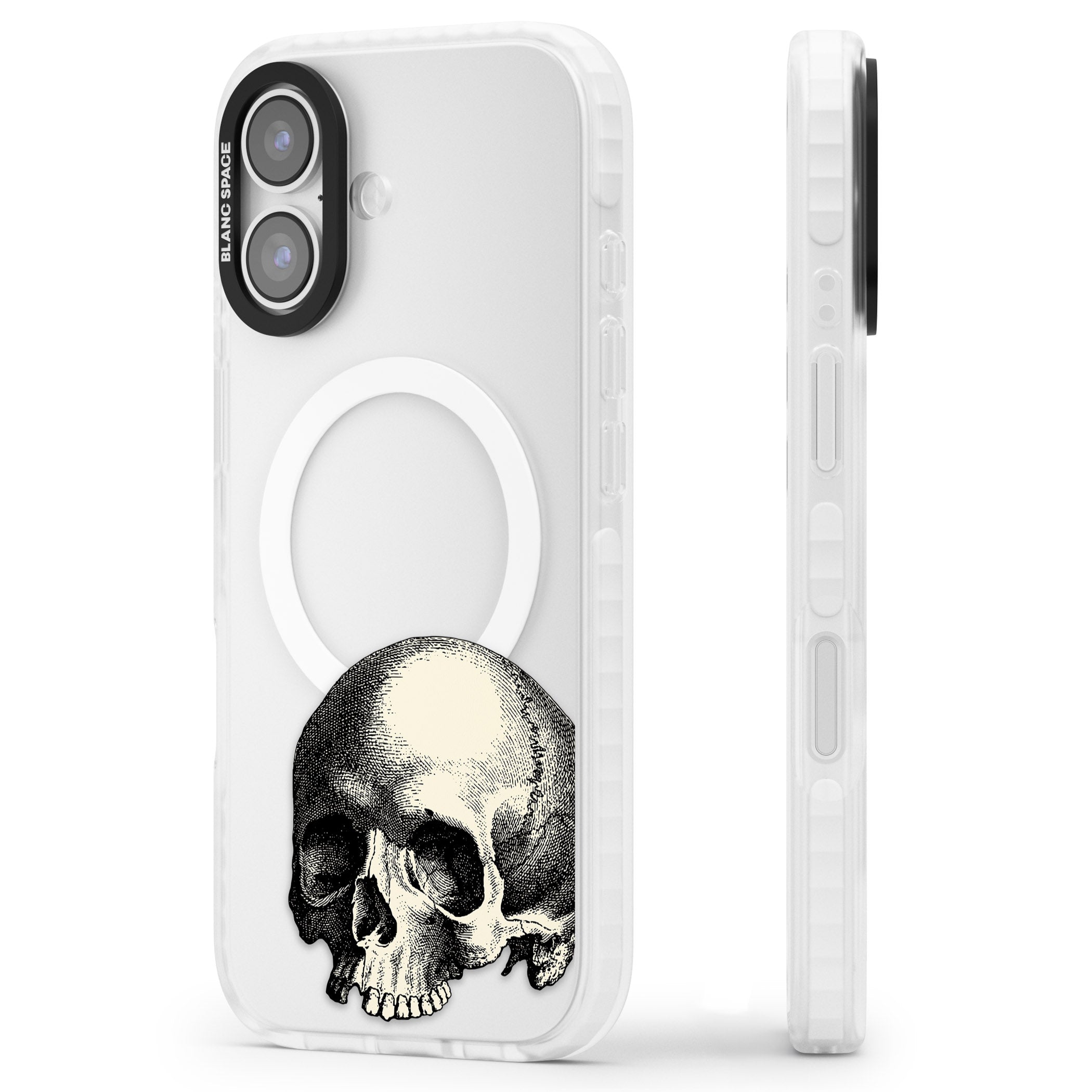Minimal Vintage Skull iPhone 17 Impact Pro Clear Phone Case Side Profile