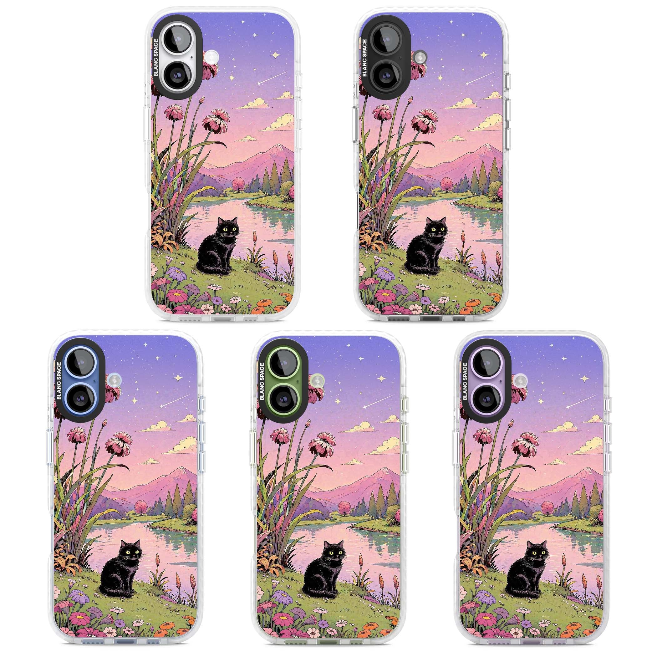 Mystic Whiskers ghibli iPhone case featuring a black cat by a pastel lake, wildflowers and a starry sunset sky | Impact Magsafe case for iPhone 17