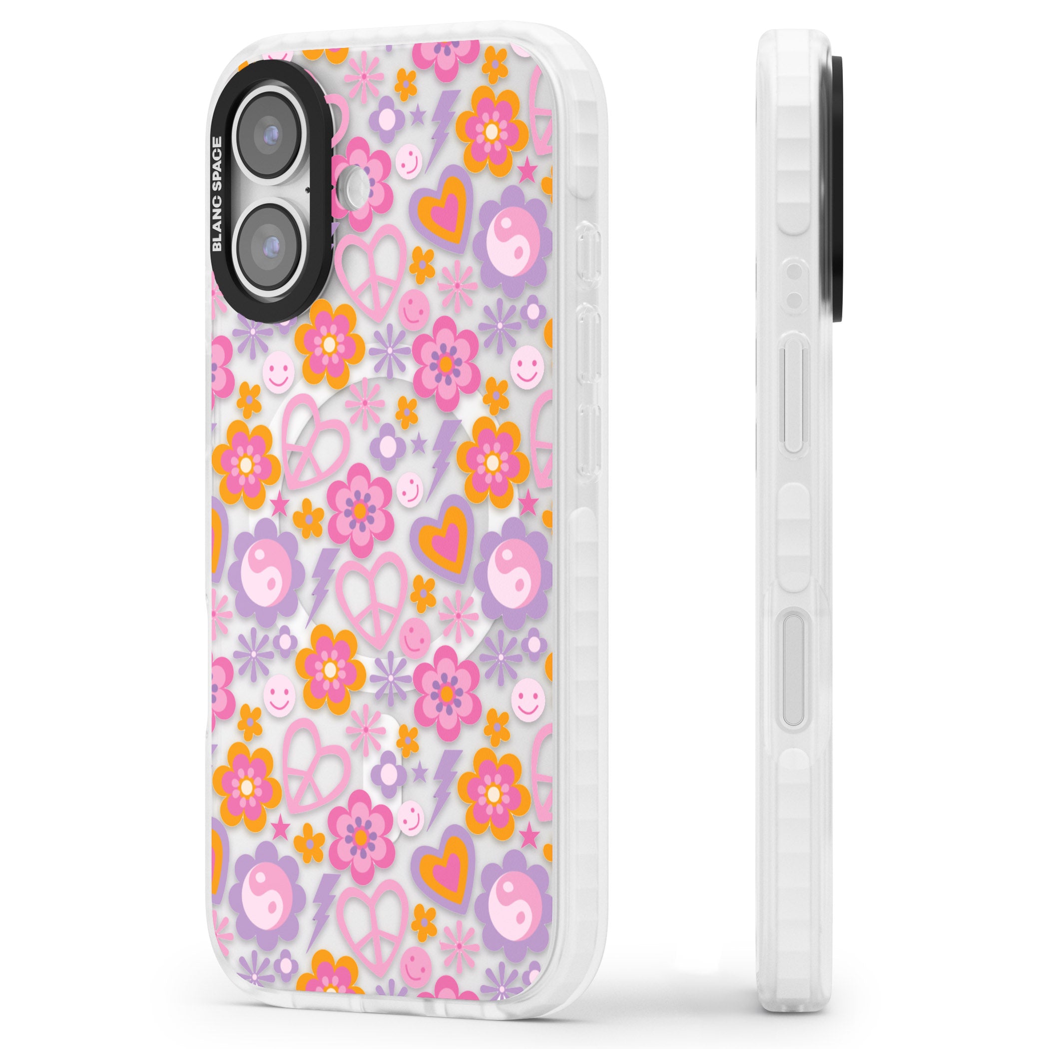 Peace, Love And Flowers Pattern iPhone 17 Impact Pro Clear Phone Case Side Profile
