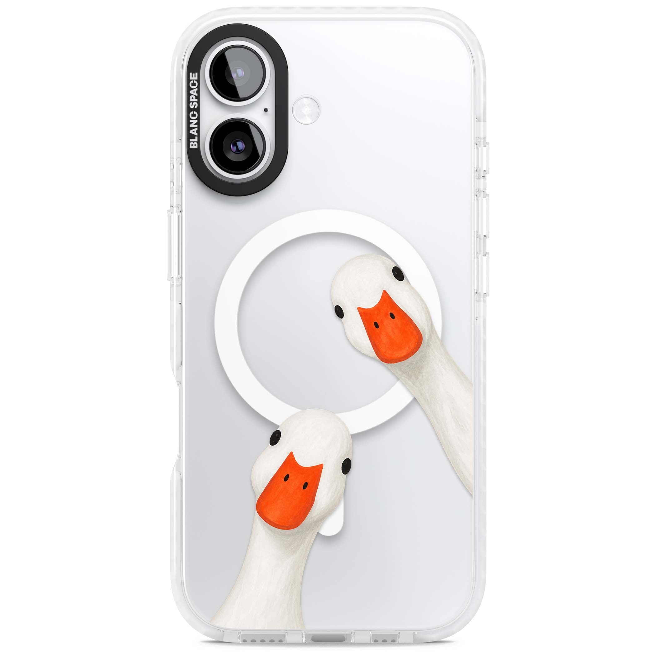 Nosy Ducks cottagecore iPhone case featuring two peeking white ducks with orange beaks on a clear background | Impact Magsafe case for iPhone 17