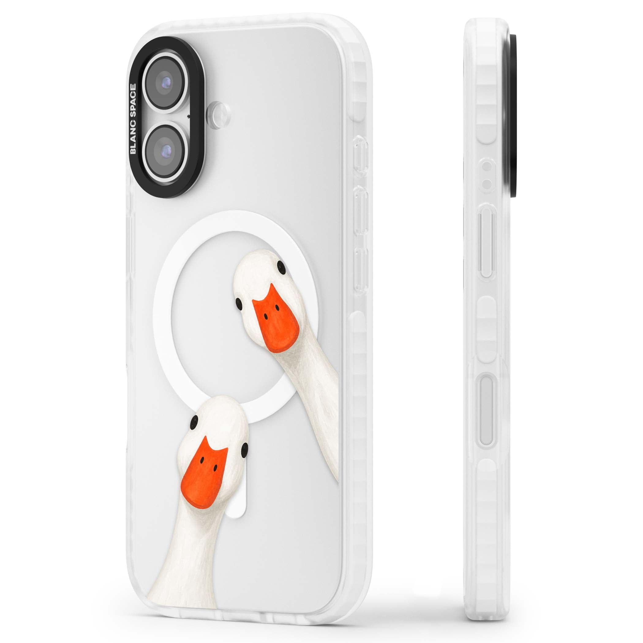 Nosy Ducks cottagecore iPhone case featuring two peeking white ducks with orange beaks on a clear background | Impact Magsafe case for iPhone 17