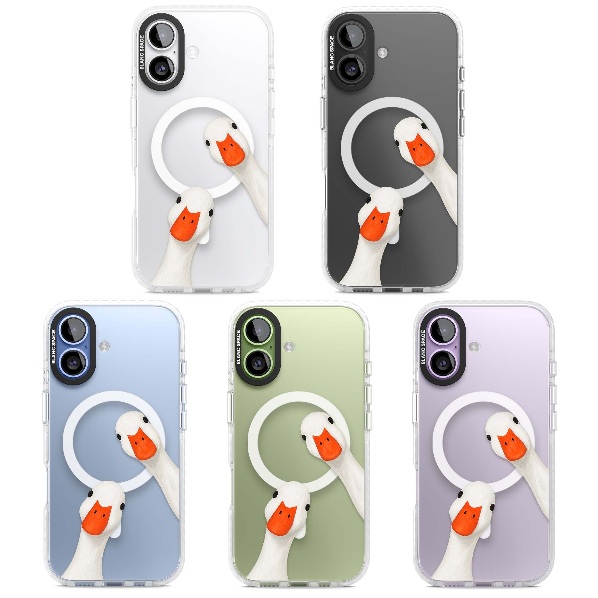 Nosy Ducks cottagecore iPhone case featuring two peeking white ducks with orange beaks on a clear background | Impact Magsafe case for iPhone 17