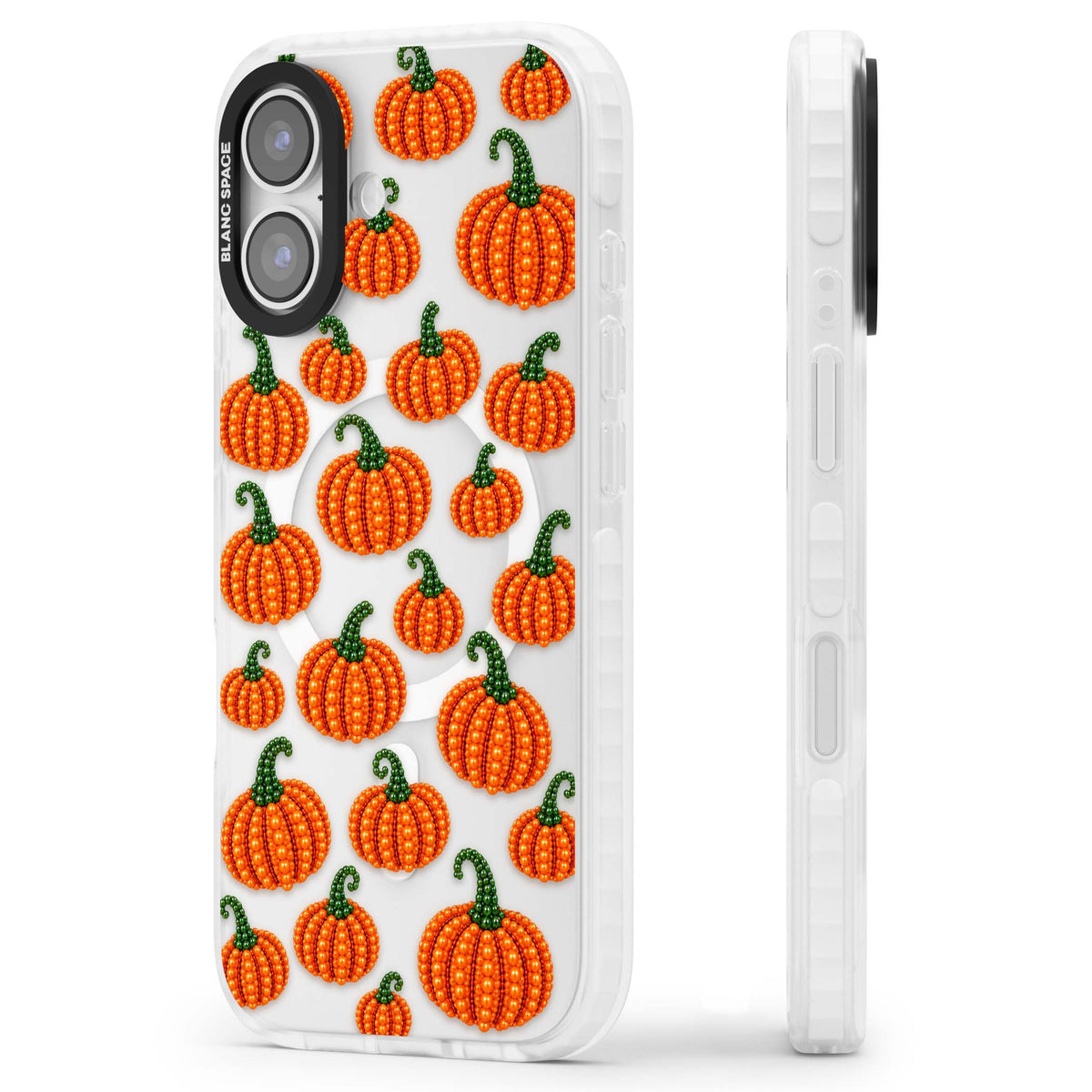 Beaded Pumpkins halloween iPhone case featuring beaded orange pumpkins with green stems on a clear background | Impact Magsafe case for iPhone 17
