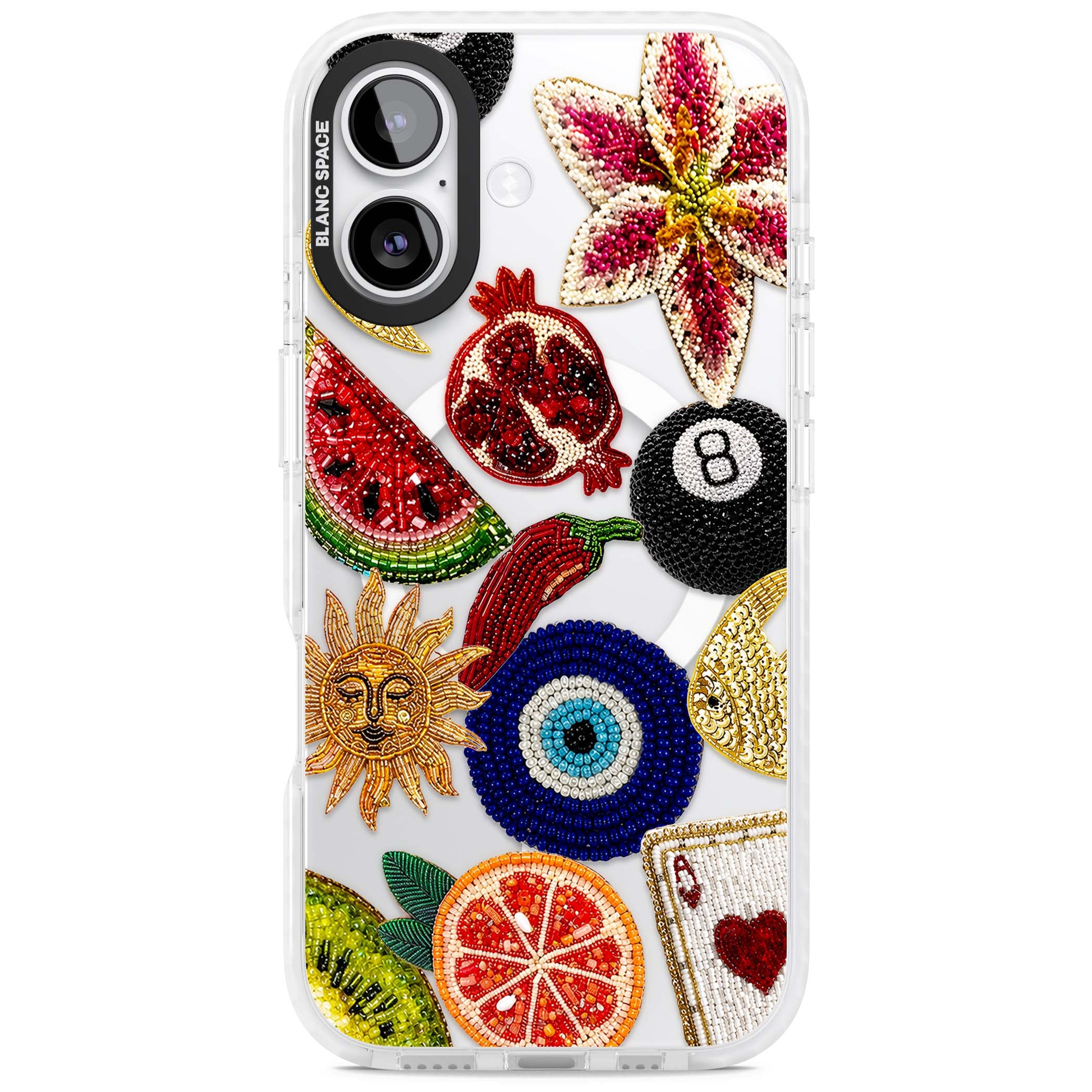 Beaded Charms embroidery iPhone case featuring beaded evil eye, fruit patches and a golden sun motif | Impact Magsafe case for iPhone 17
