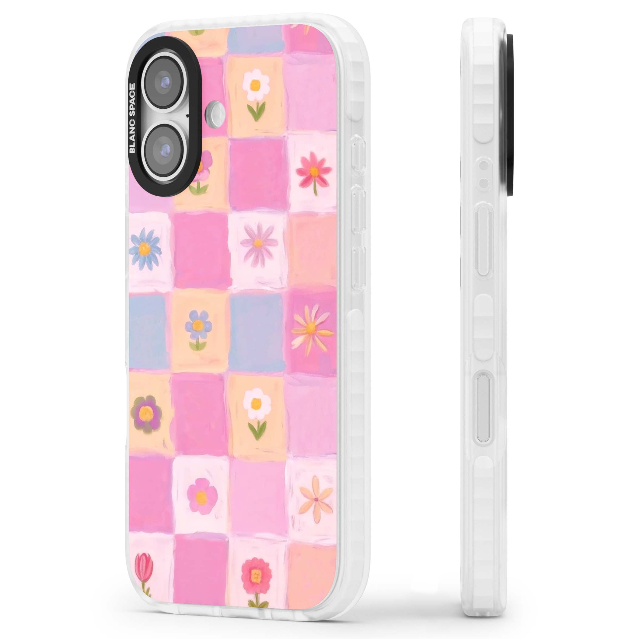 Pastel Flower Patchwork cottagecore iPhone case featuring painted pink and lilac squares with daisies and wildflowers | Impact Magsafe case for iPhone 17