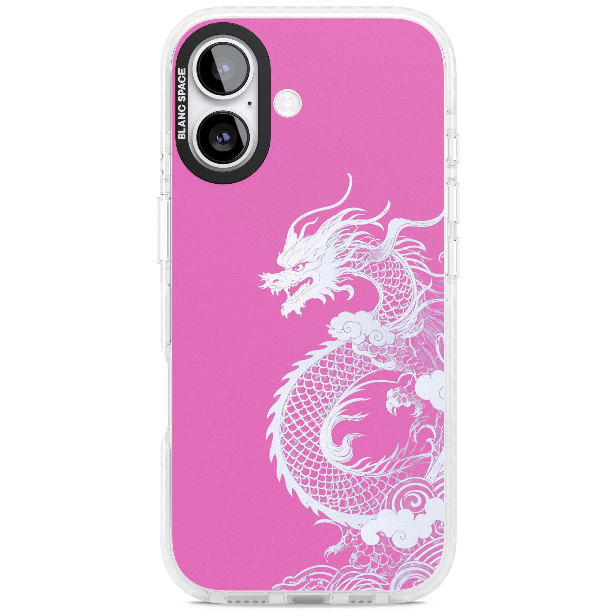 Pink Empress chinese dragon iPhone case featuring a white dragon, swirling clouds and pink dragon wallpaper backdrop | Impact Magsafe case for iPhone 17