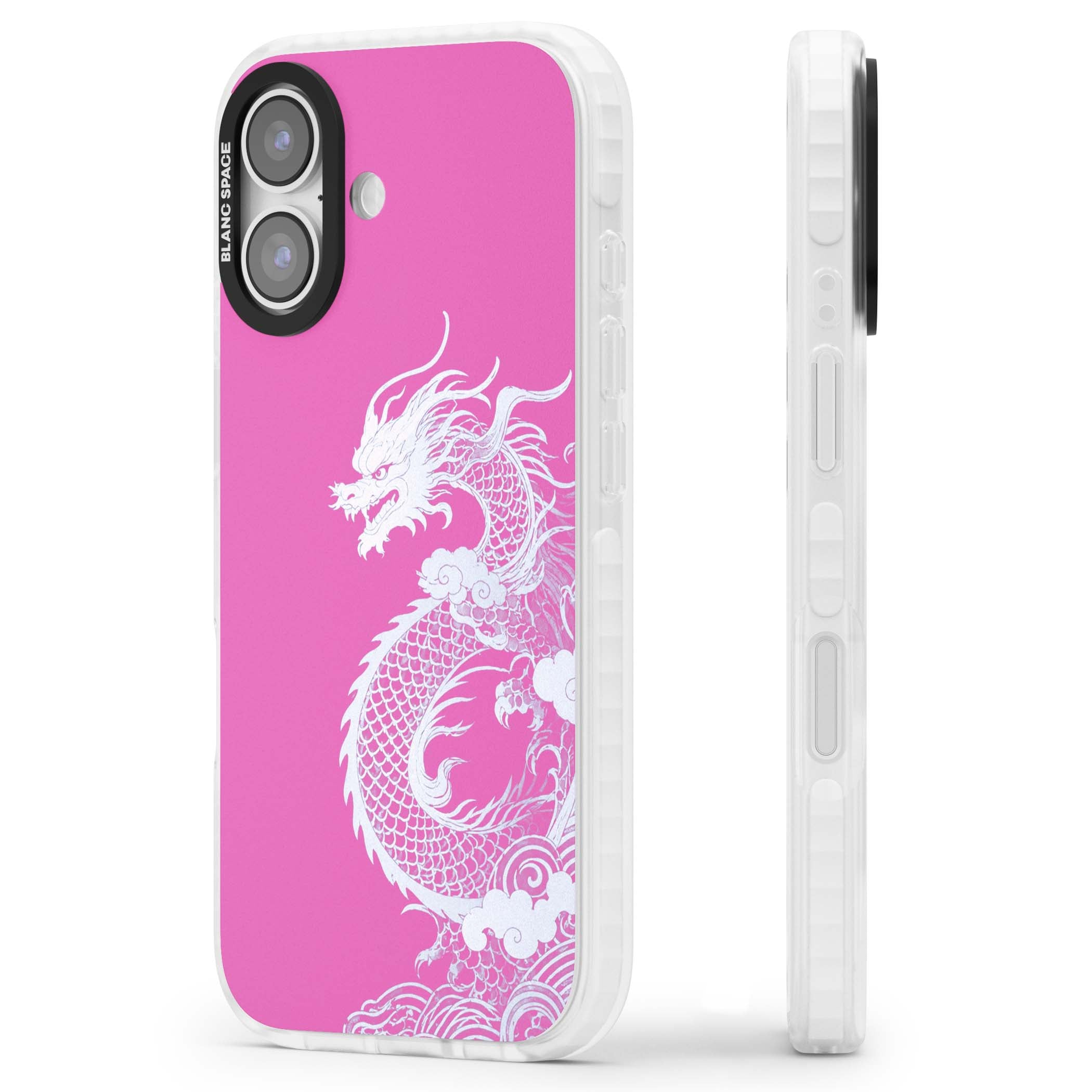 Pink Empress chinese dragon iPhone case featuring a white dragon, swirling clouds and pink dragon wallpaper backdrop | Impact Magsafe case for iPhone 17
