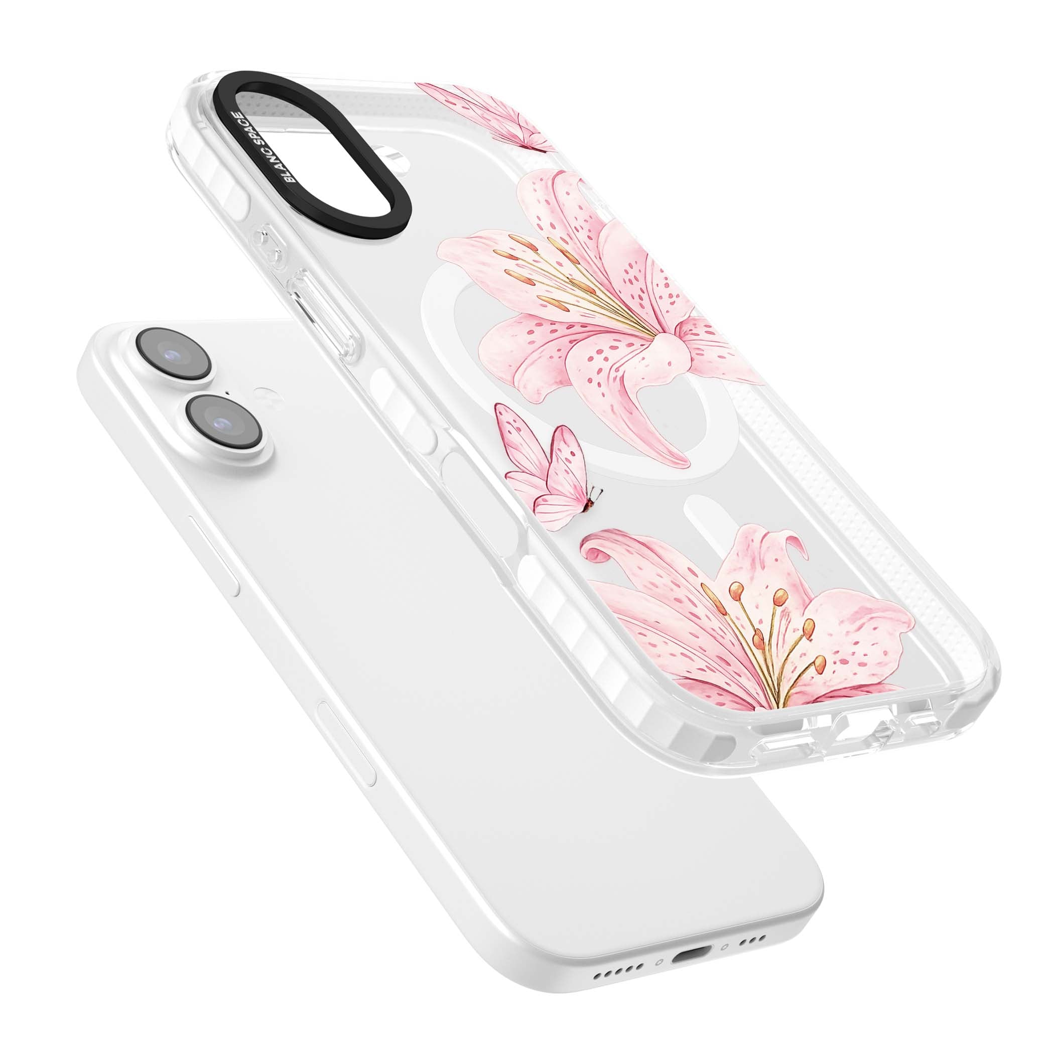 Lily Whisper floral iPhone case featuring pink watercolour lilies and delicate butterflies on a clear background | Impact Magsafe case for iPhone 17