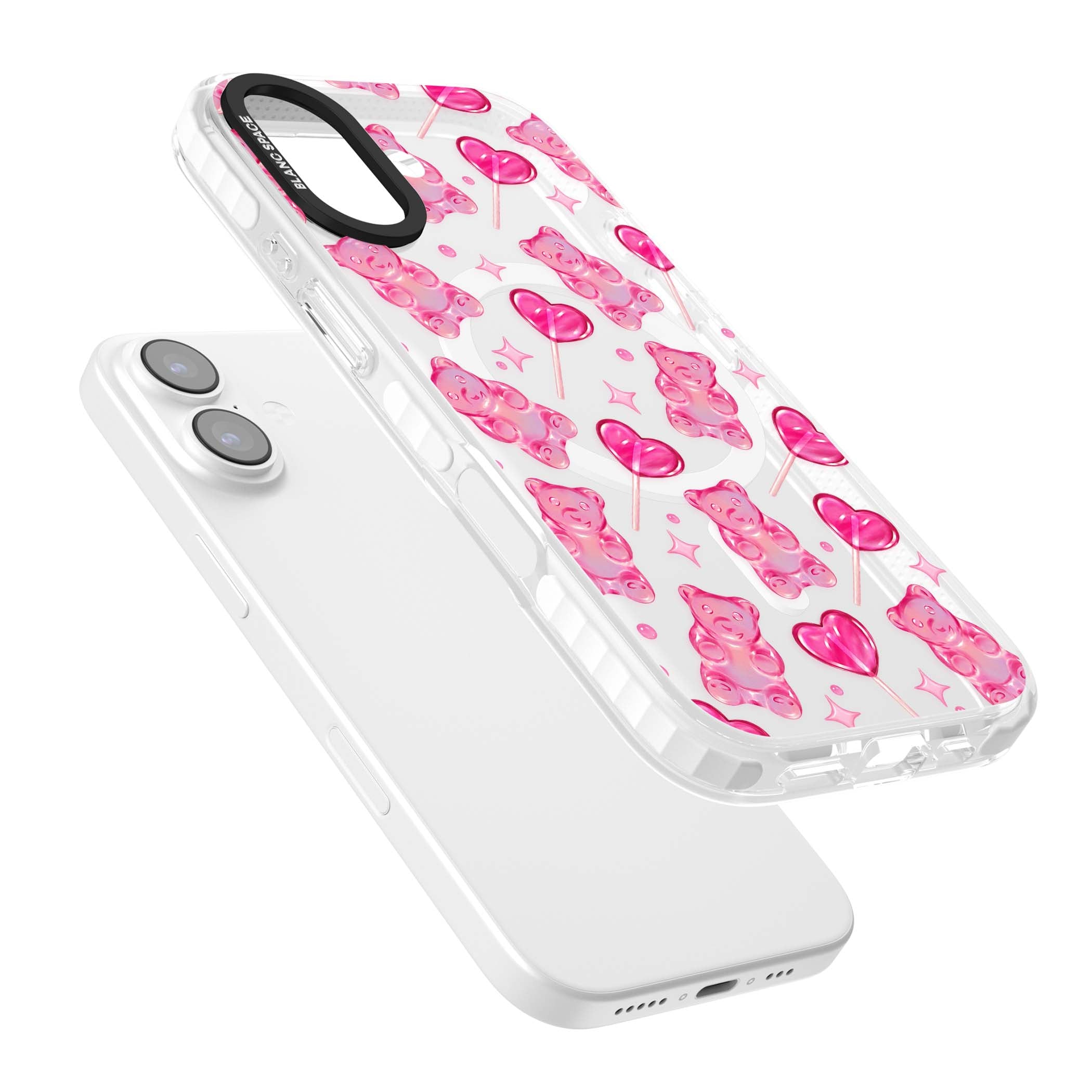 Pink Sugar pinkcore iPhone case featuring pink gummy bears, heart-shaped lollipops and sparkle stars | Impact Magsafe case for iPhone 17