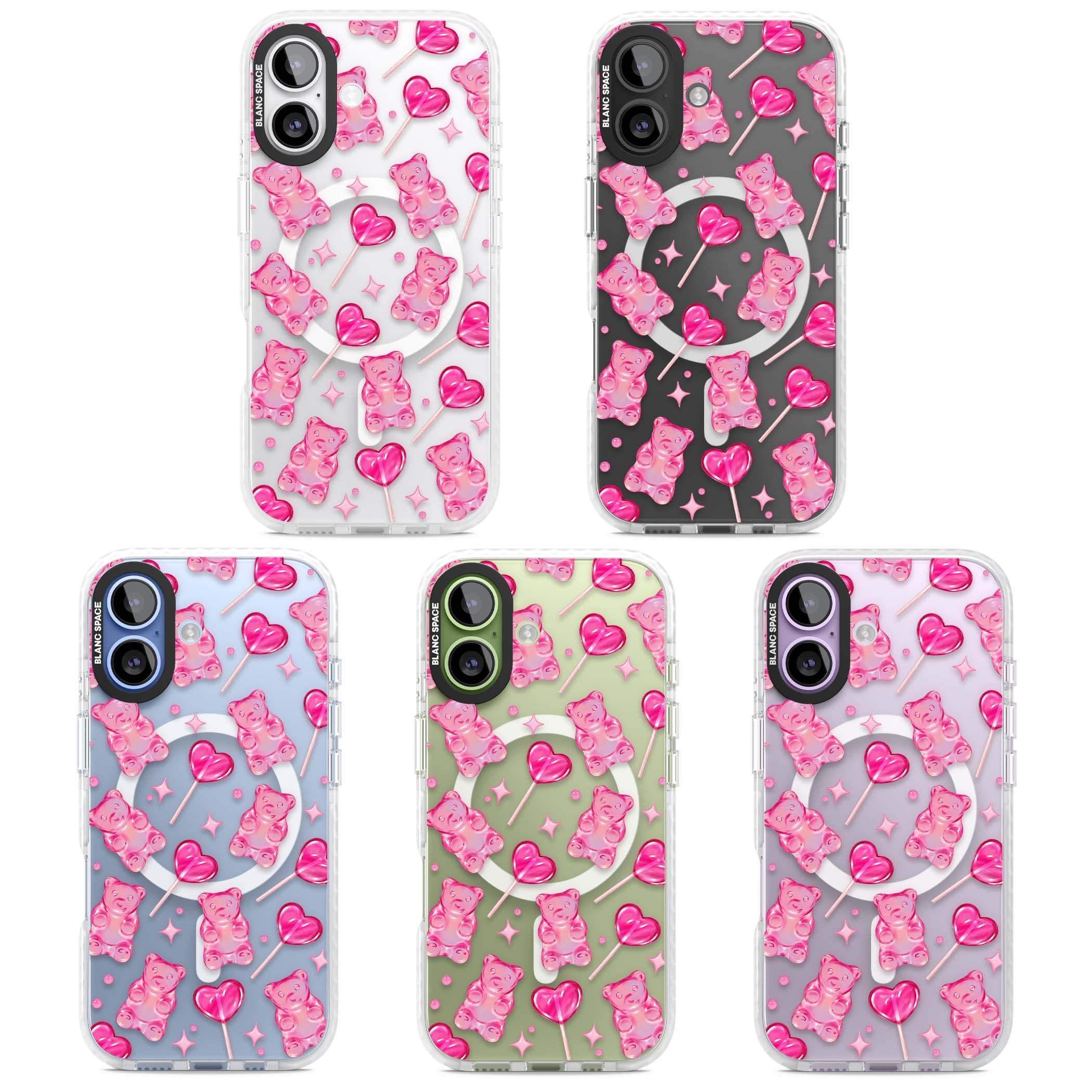 Pink Sugar pinkcore iPhone case featuring pink gummy bears, heart-shaped lollipops and sparkle stars | Impact Magsafe case for iPhone 17