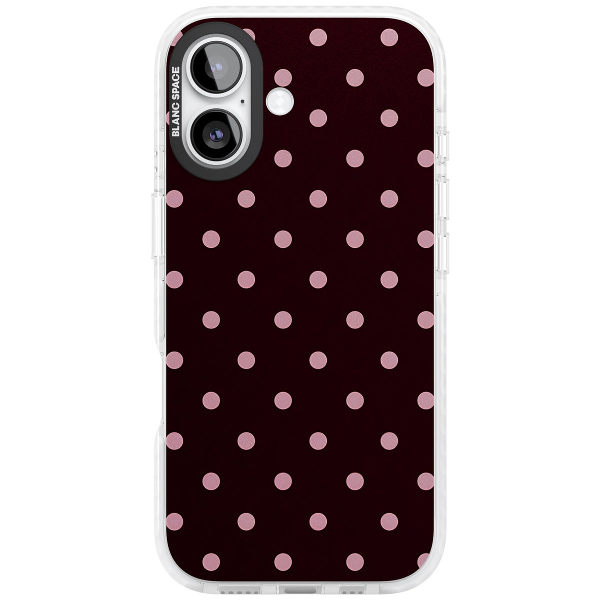Merlot Dots polka dot iPhone case featuring dusty pink spots on a deep burgundy background in a retro grid iPhone 16 / iPhone 16 Plus / iPhone 17 Impact Pro Clear Phone Case front