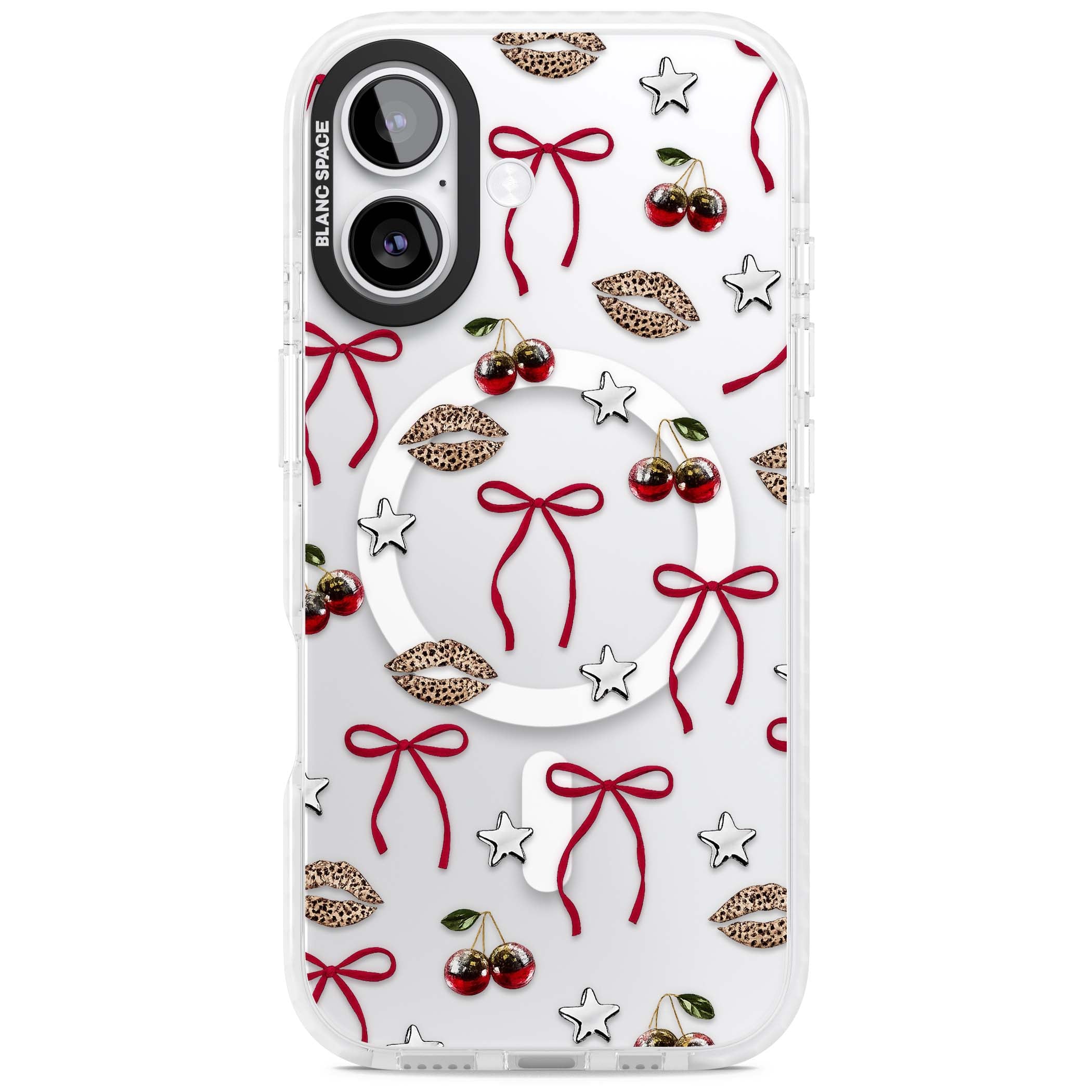 Starlet coquette iPhone case featuring red ribbon bows, disco cherries and leopard-print lips | Impact Magsafe case for iPhone 17