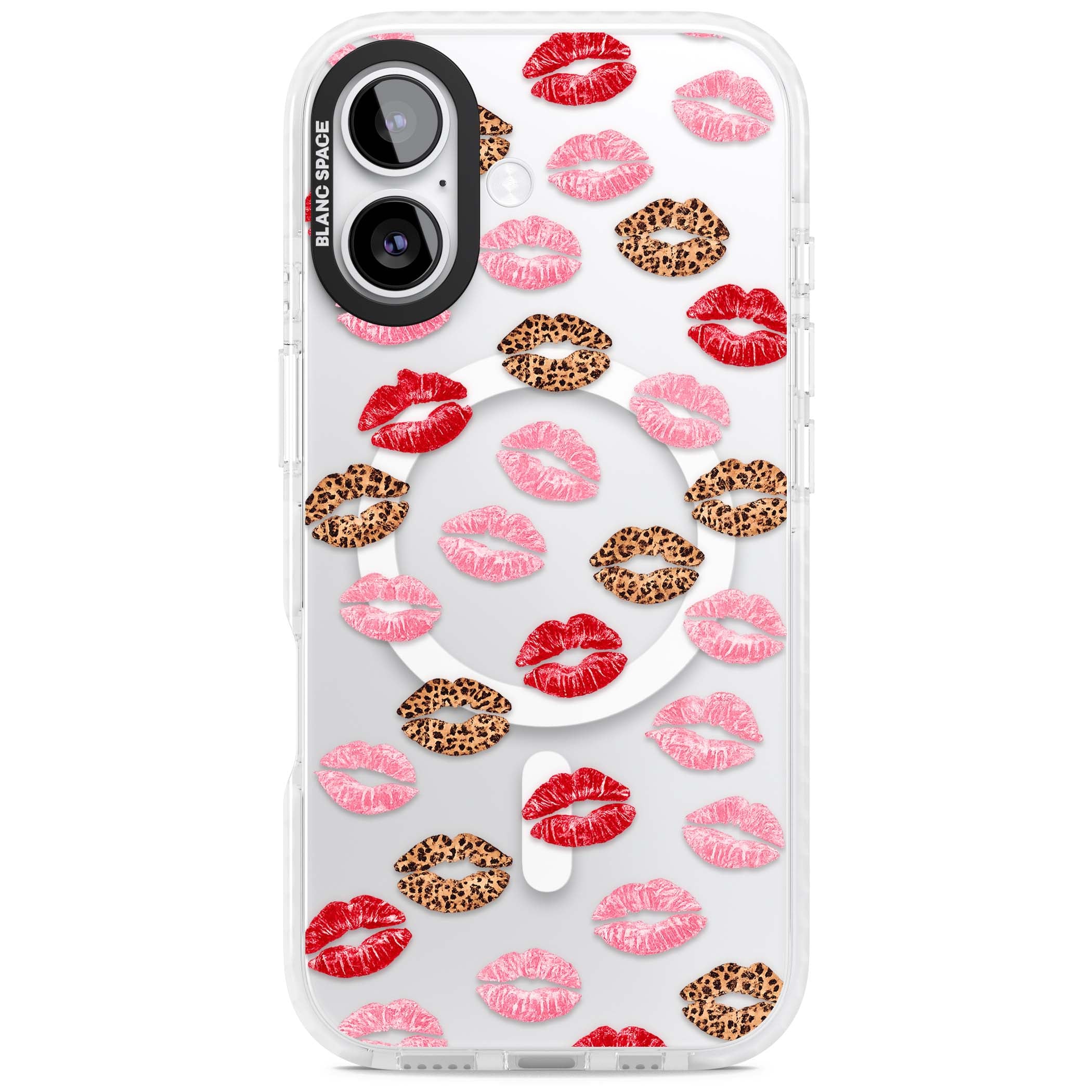 Wild Kisses coquette iPhone case featuring red, pink and leopard print lipstick kiss marks on a clear background | Impact Magsafe case for iPhone 17