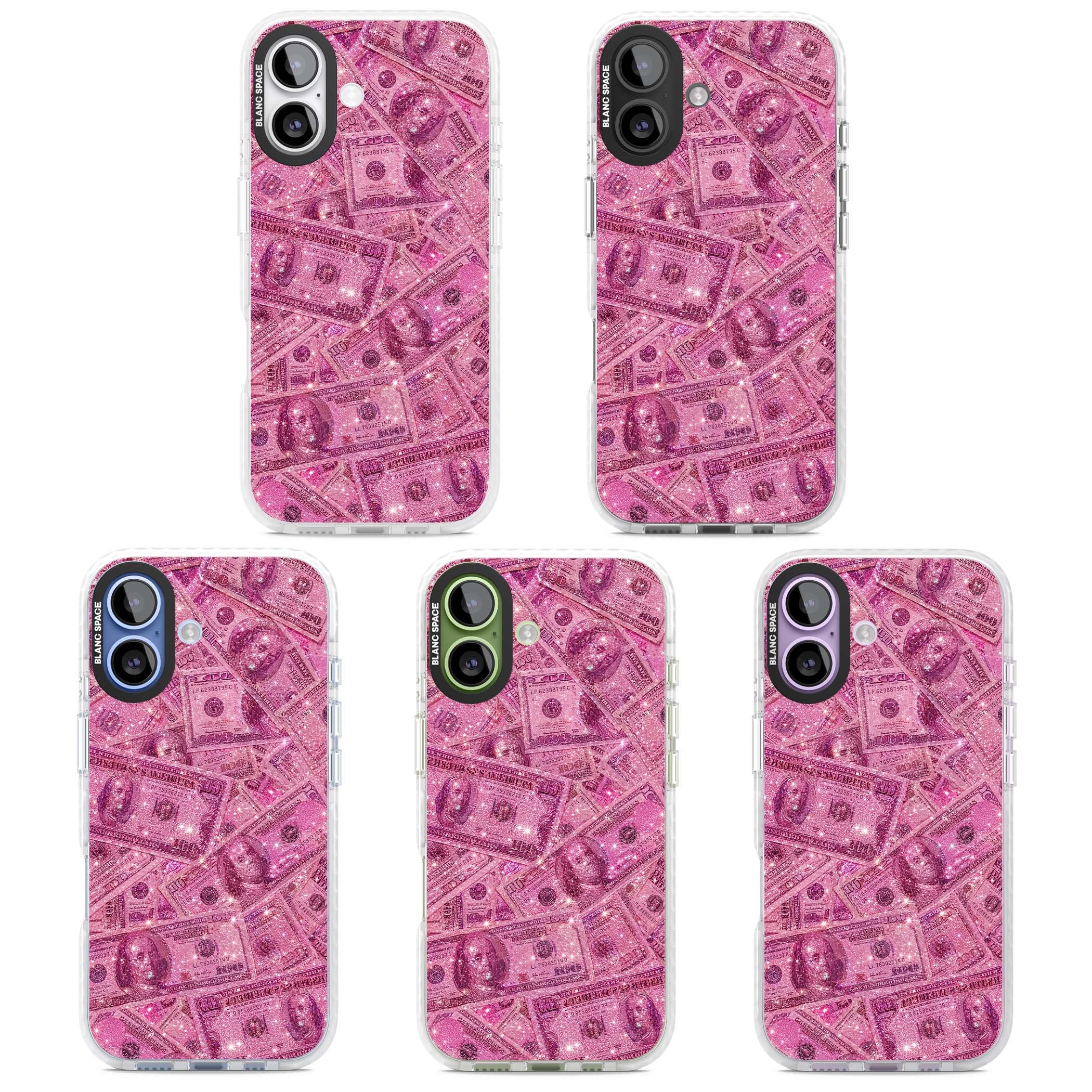 Glamorous baddie iPhone case featuring pink glitter hundred dollar bills and sparkling money wallpaper design | Impact Magsafe case for iPhone 17