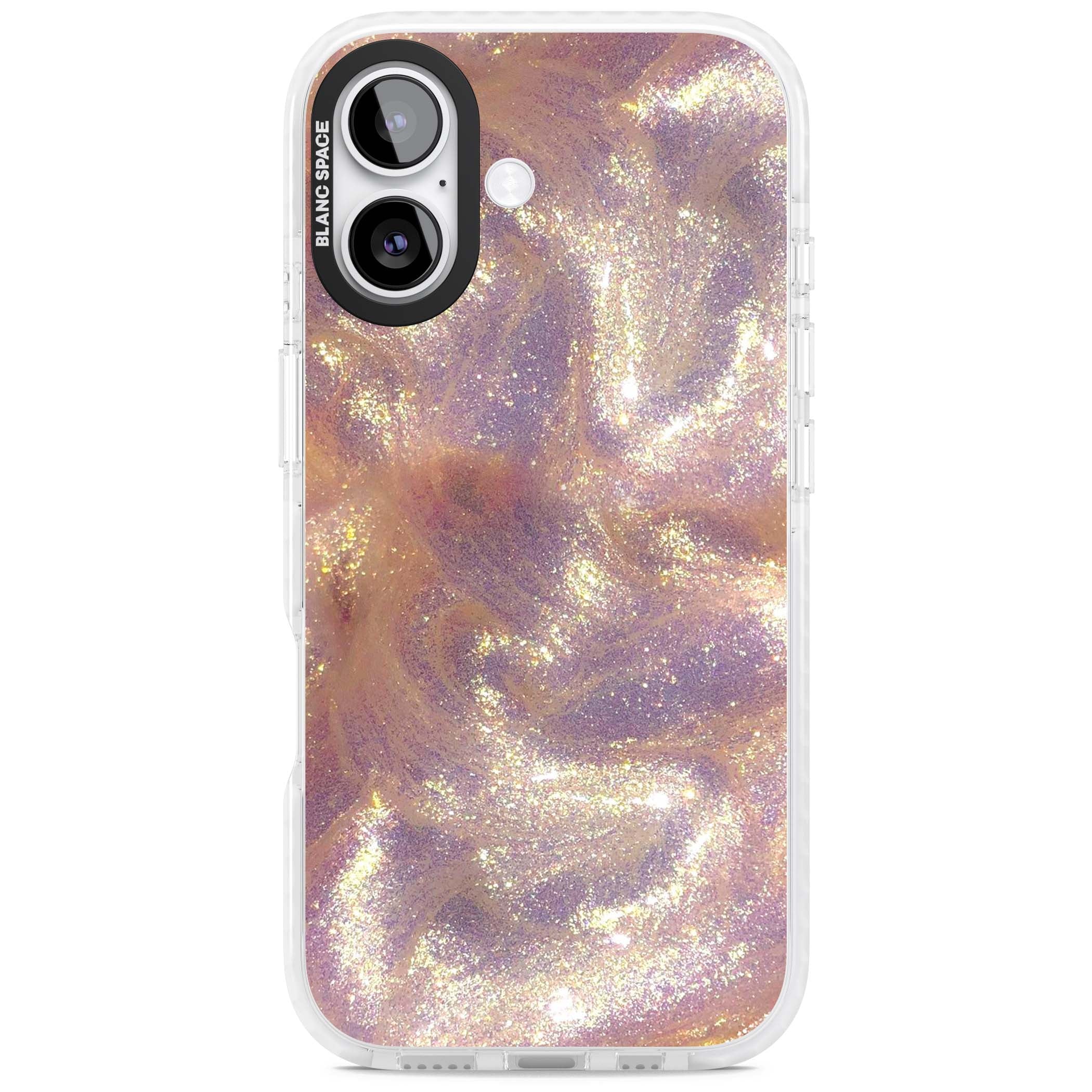 Shimmer marble iPhone case featuring rose gold glitter swirls, lilac shimmer and iridescent pearl finish | Impact Magsafe case for iPhone 17