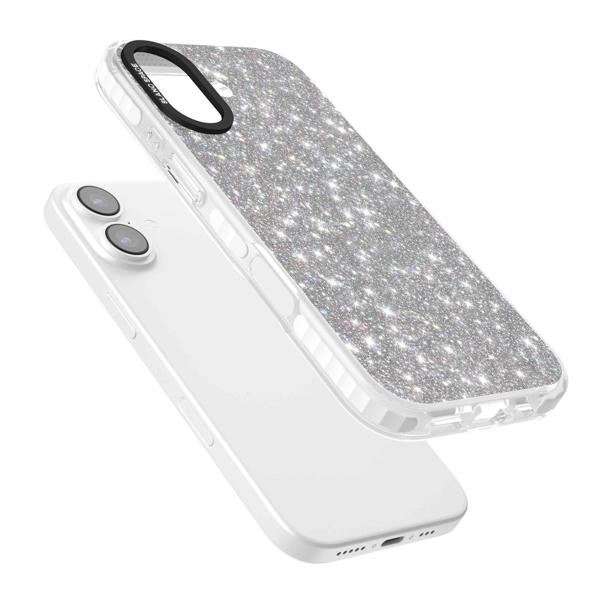 Diamond glam iPhone case featuring silver glitter sparkle and shimmering diamond dust effect | Impact Magsafe case for iPhone 17